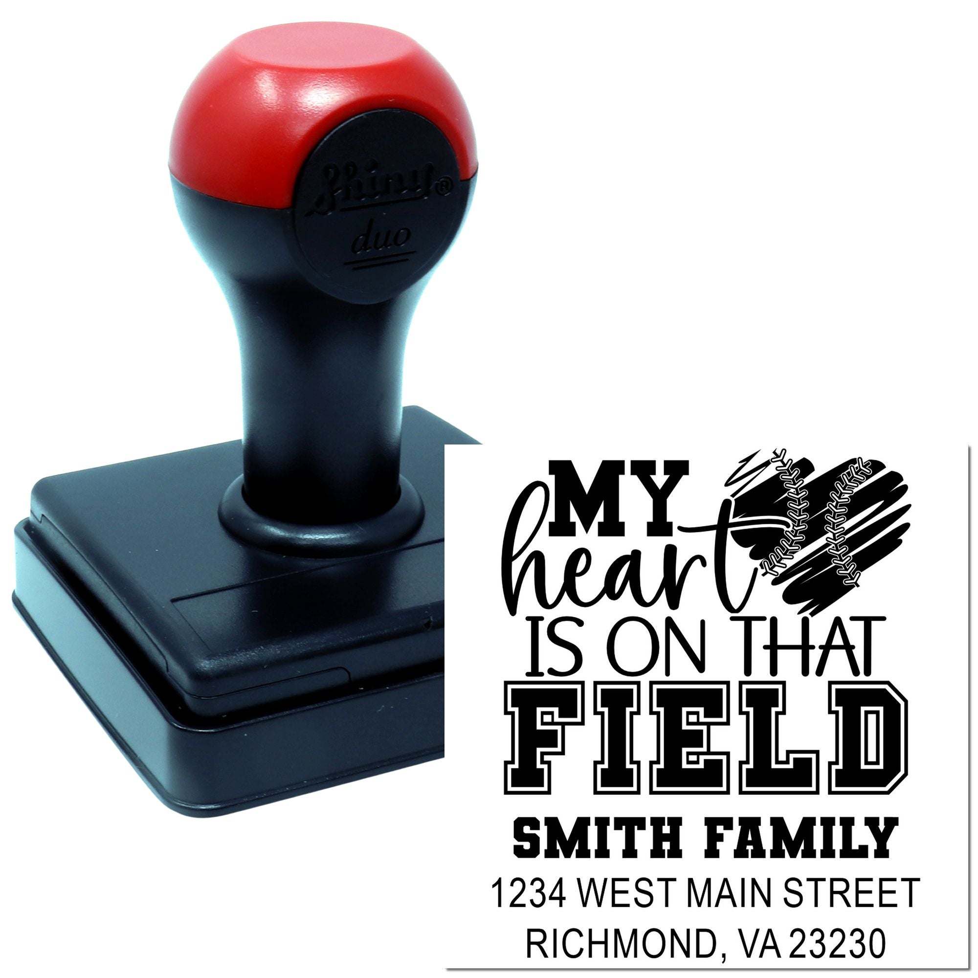 Custom baseball family address rubber stamp with My heart is on that field and Smith family Richmond, VA return address.