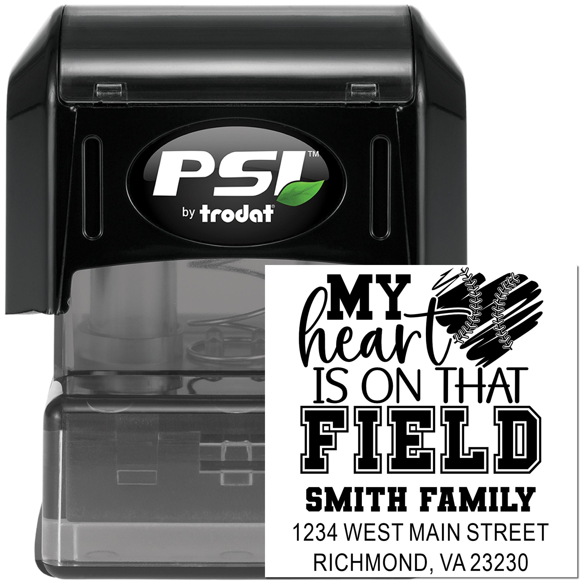 Personalized self-inking rubber address stamp with baseball heart design, Smith Family name, and custom return address.