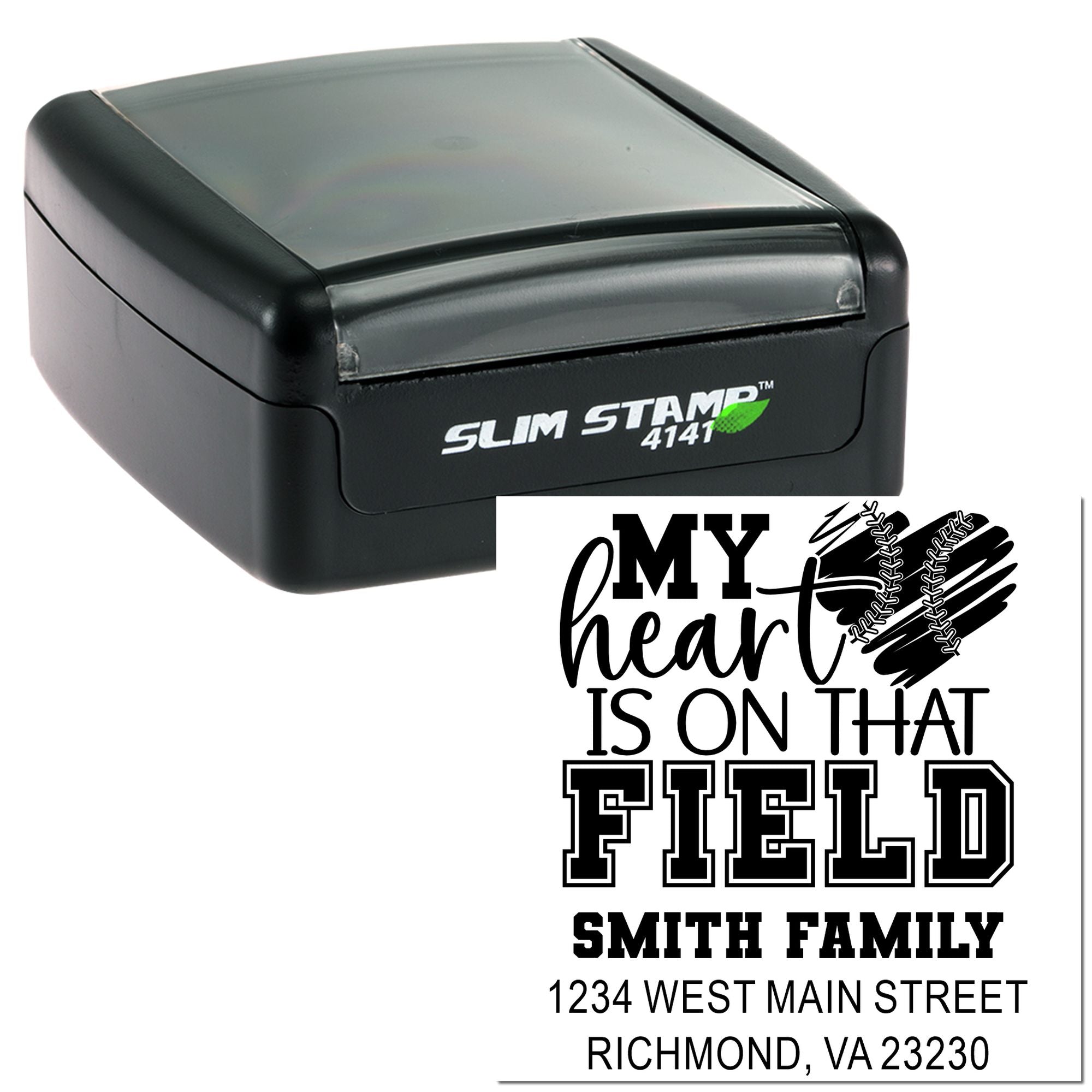 Custom self-inking rubber stamp for family address labels, featuring a baseball-themed My heart is on that field design.