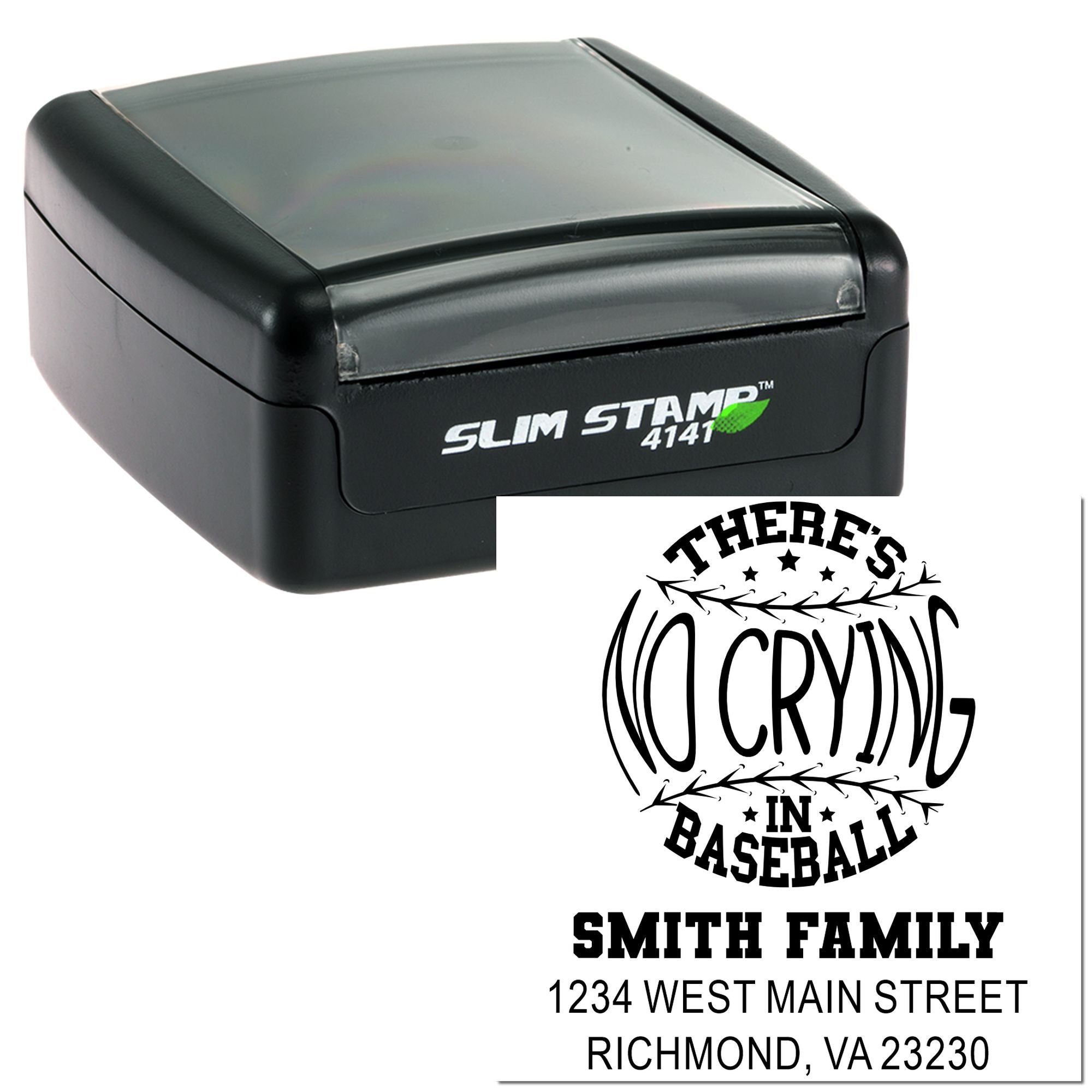 Custom self-inking rubber stamp with family name, address, and baseball-themed No Crying in Baseball design.
