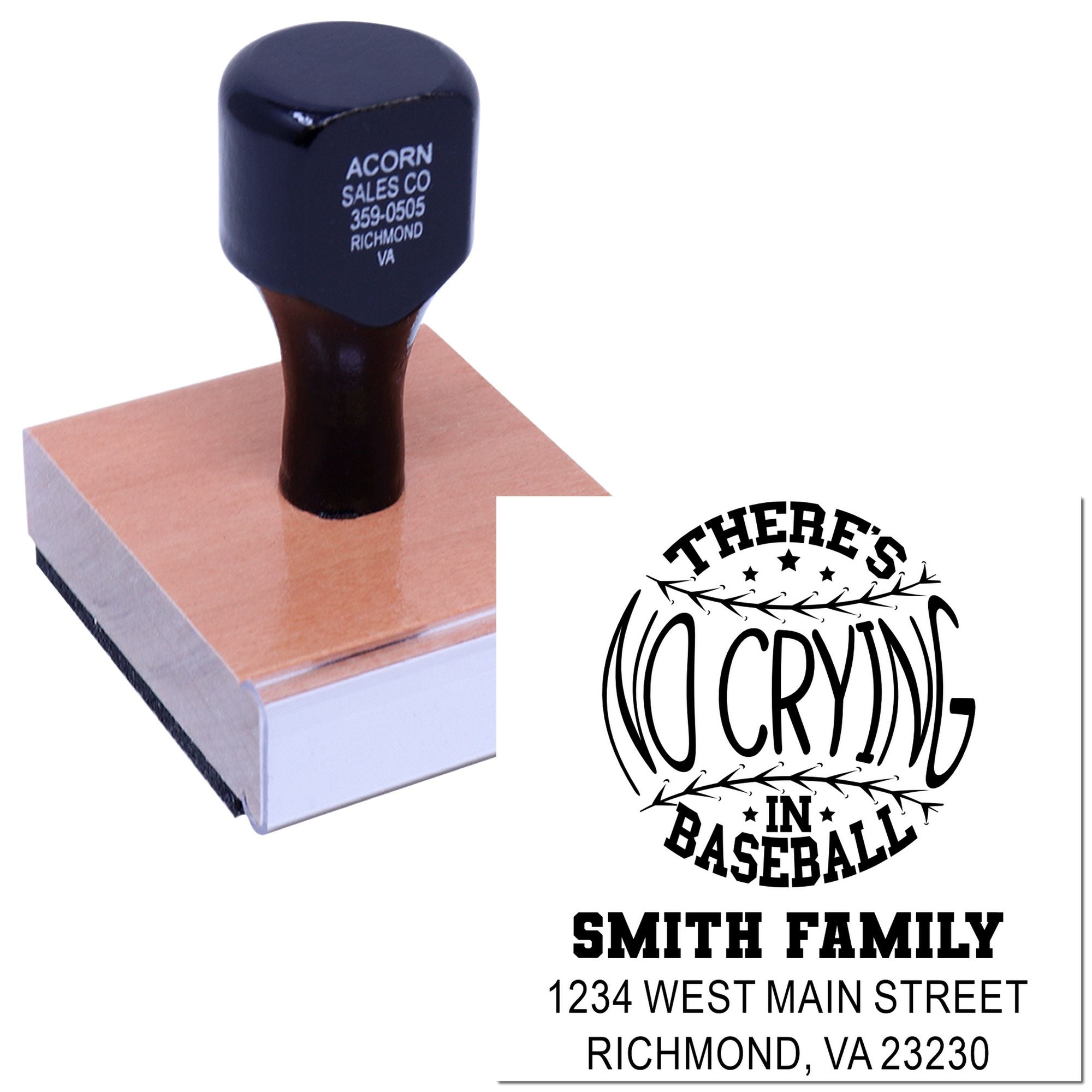 Personalized rubber address stamp featuring Theres No Crying in Baseball design for Smith Family mailing and stationery.