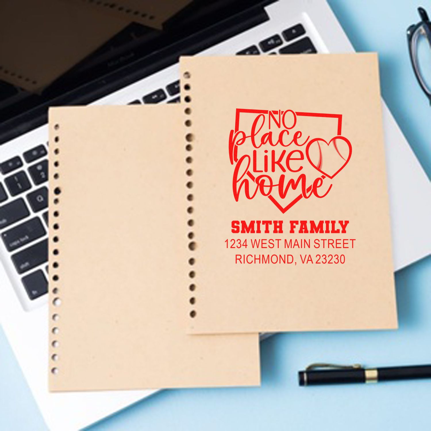 Custom rubber stamp with No Place Like Home family address design for personalized stationery, envelopes, and home gifts.
