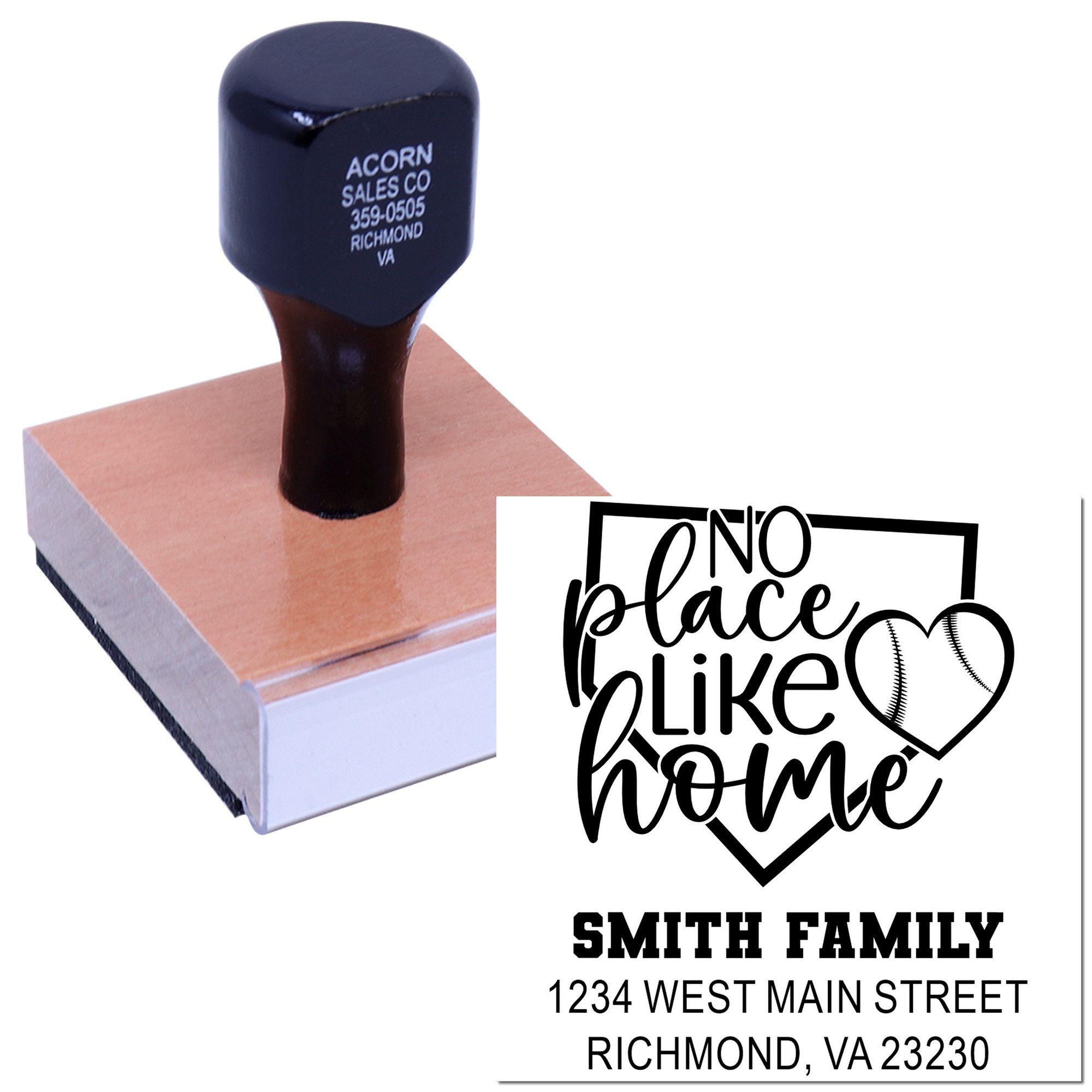 Custom rubber stamp with personalized return address and "No Place Like Home" baseball family design for cards and mail.