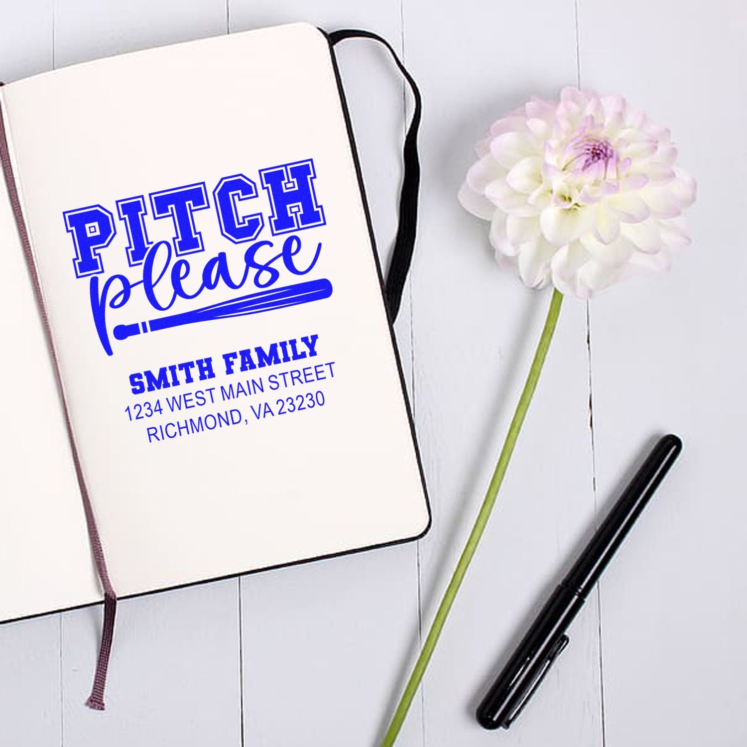 Custom rubber stamp with Pitch Please and Smith family return address for personalized stationery, invitations, and mail.
