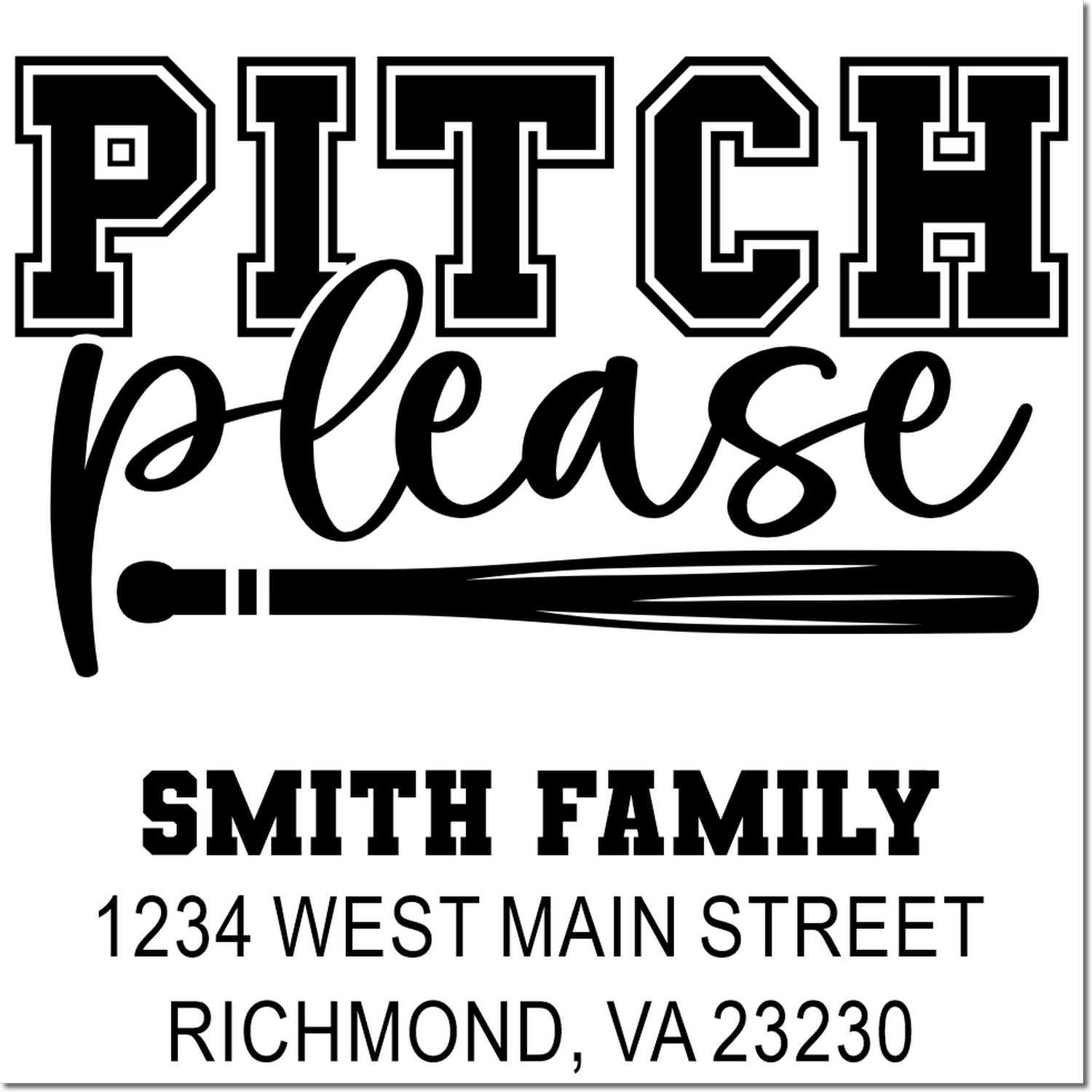 Baseball-themed custom family address rubber stamp with Pitch Please design, Smith Family, Richmond, VA 23230.