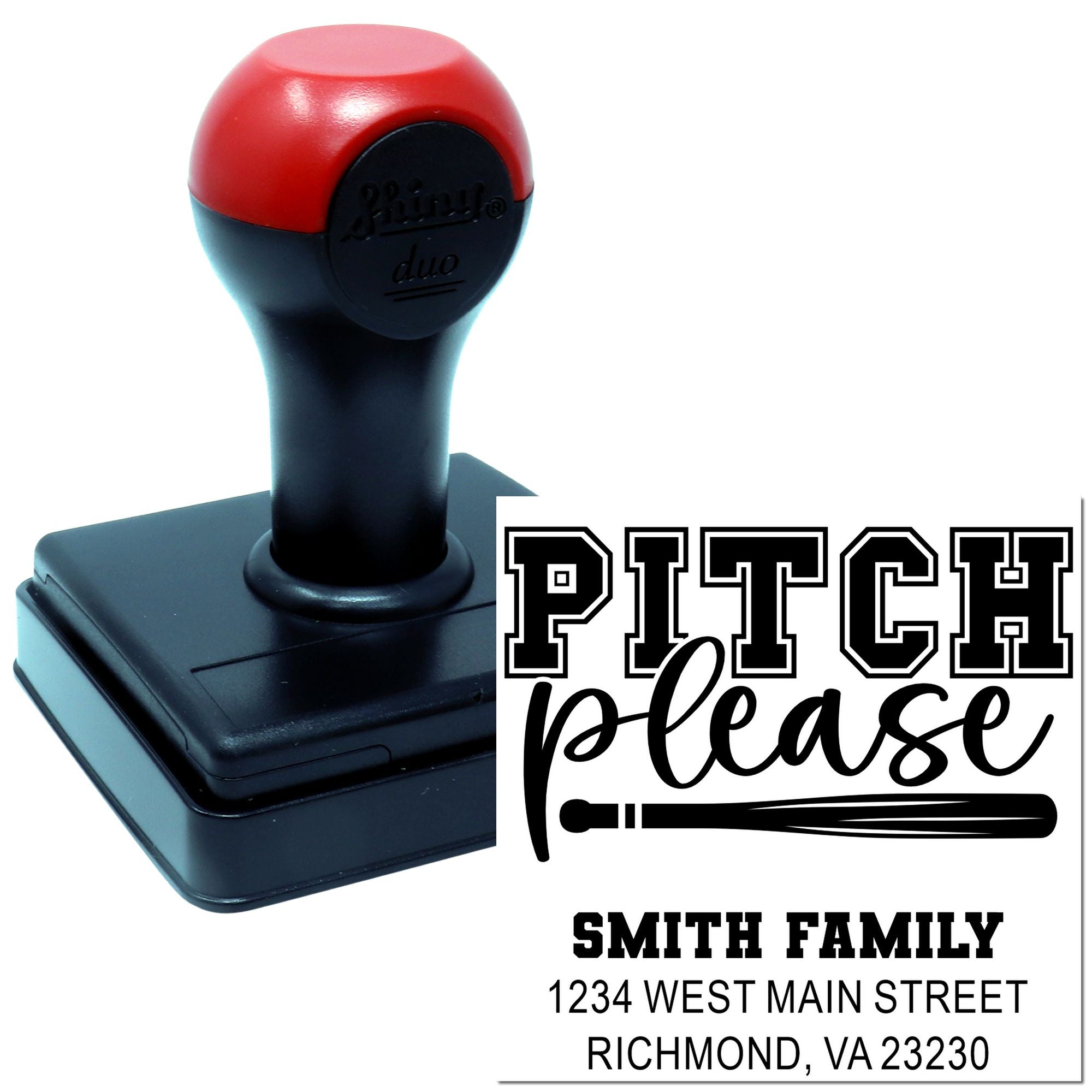 Custom self-inking rubber stamp with Pitch Please design and sample family address imprint for personalized mailing.