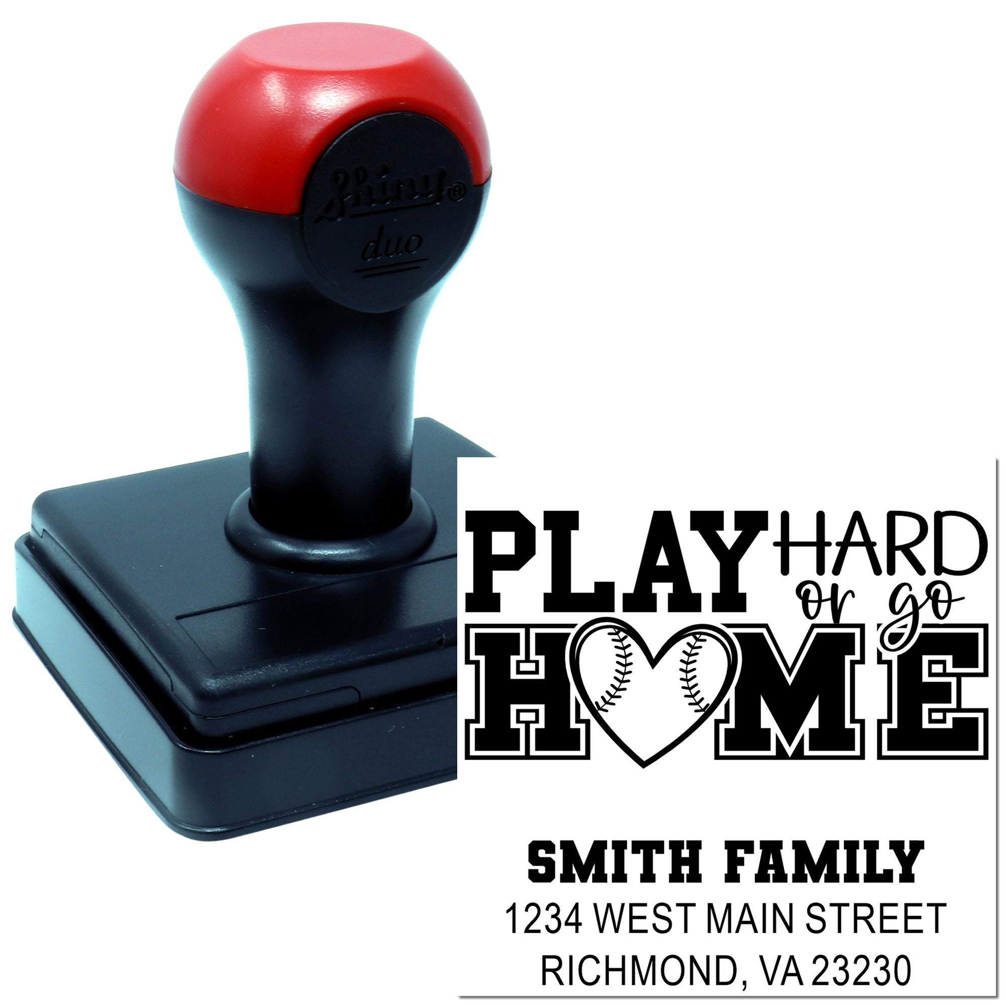 Custom self-inking rubber stamp with baseball-themed Play Hard or Go Home personalized family address design.