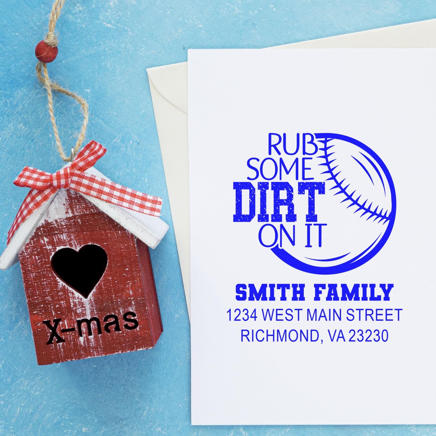 Custom baseball rubber stamp with Rub Some Dirt on It family address design for personalized cards and mail.