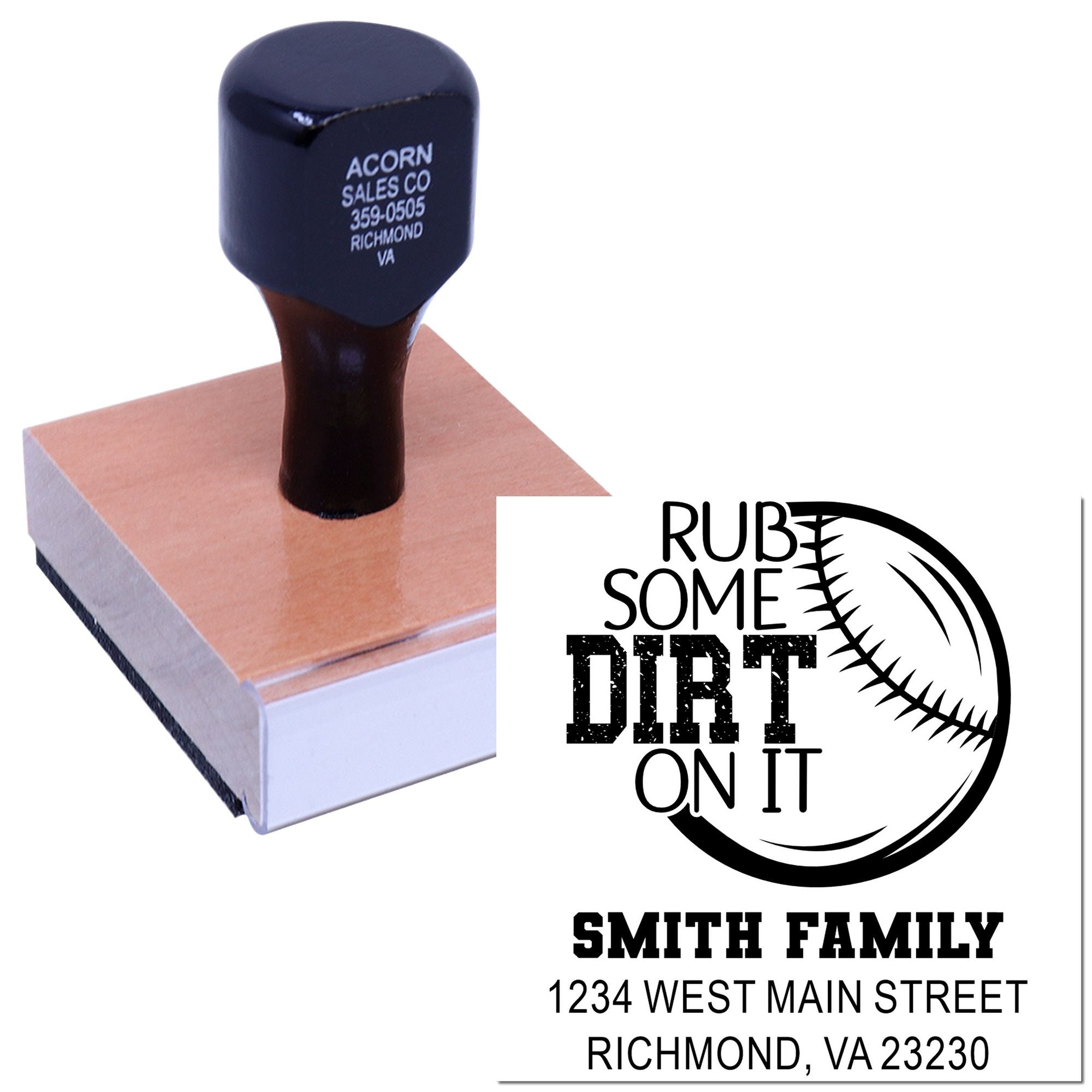 Custom rubber stamp with baseball-themed Rub Some Dirt on It design, personalized with Smith family name and address.