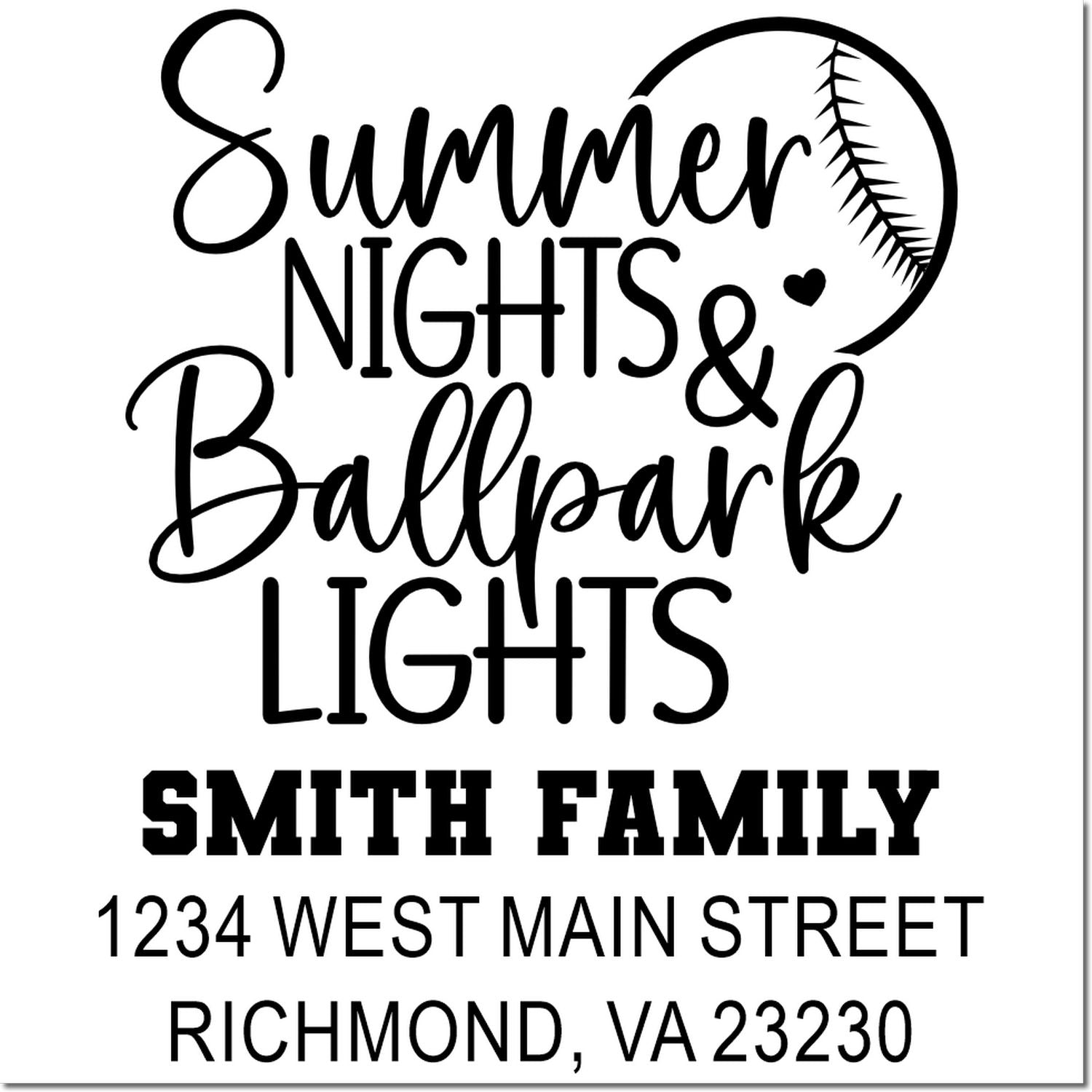 Personalized family rubber stamp with Summer Nights & Ballpark Lights, baseball graphic, Smith Family name, and address.