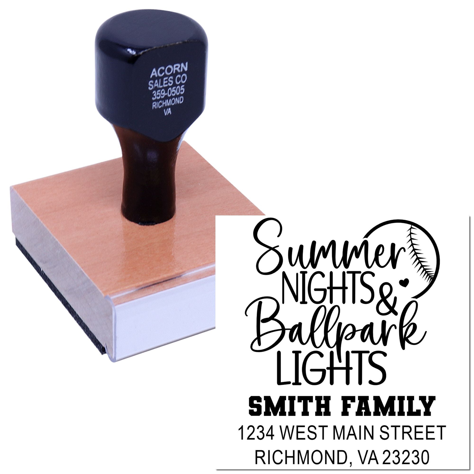 Custom rubber stamp with personalized family address design and baseball-themed Summer Nights & Ballparks Lights imprint.