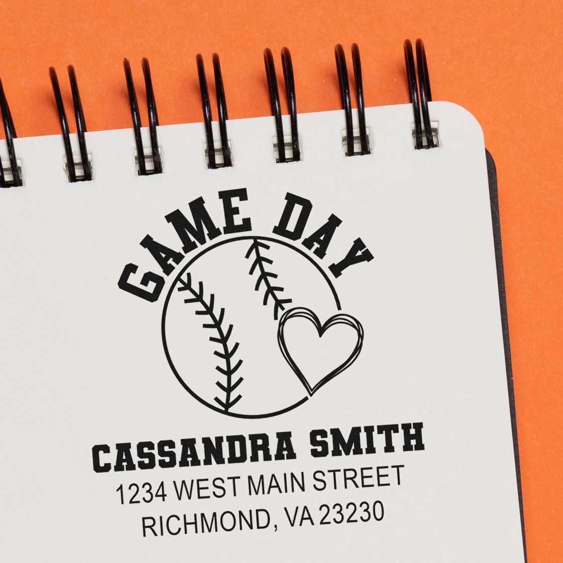 Custom Game Day rubber stamp featuring a baseball and heart, personalized with Cassandra Smiths name and Richmond, VA address.