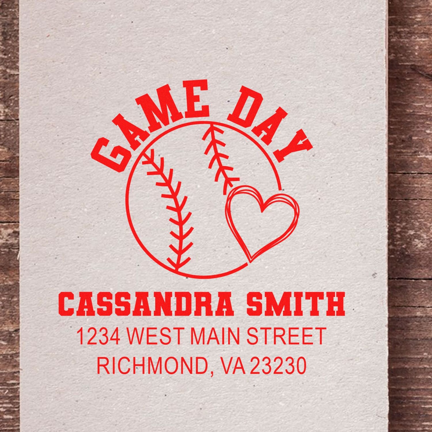 Personalized baseball game day return address rubber stamp with heart logo, name, and Richmond, VA address