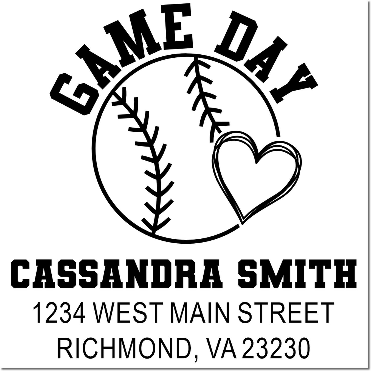 Personalized baseball game day return address stamp with heart baseball design for Cassandra Smith, Richmond, VA 23230.