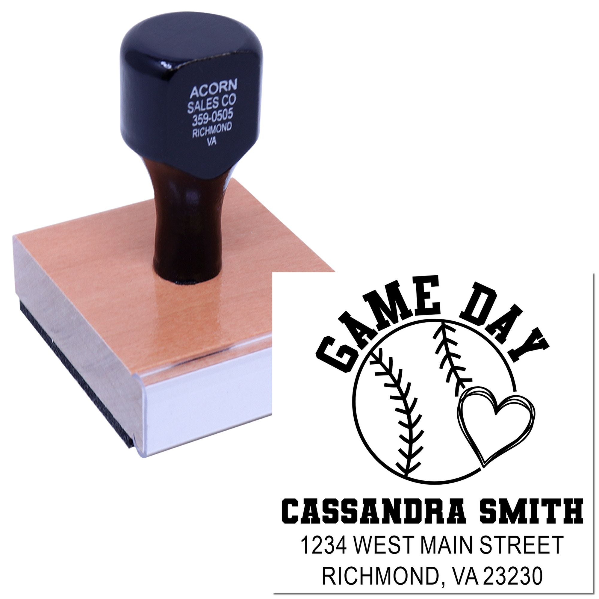 Custom baseball address rubber stamp with name, street address, and logo for personalized business or team branding.