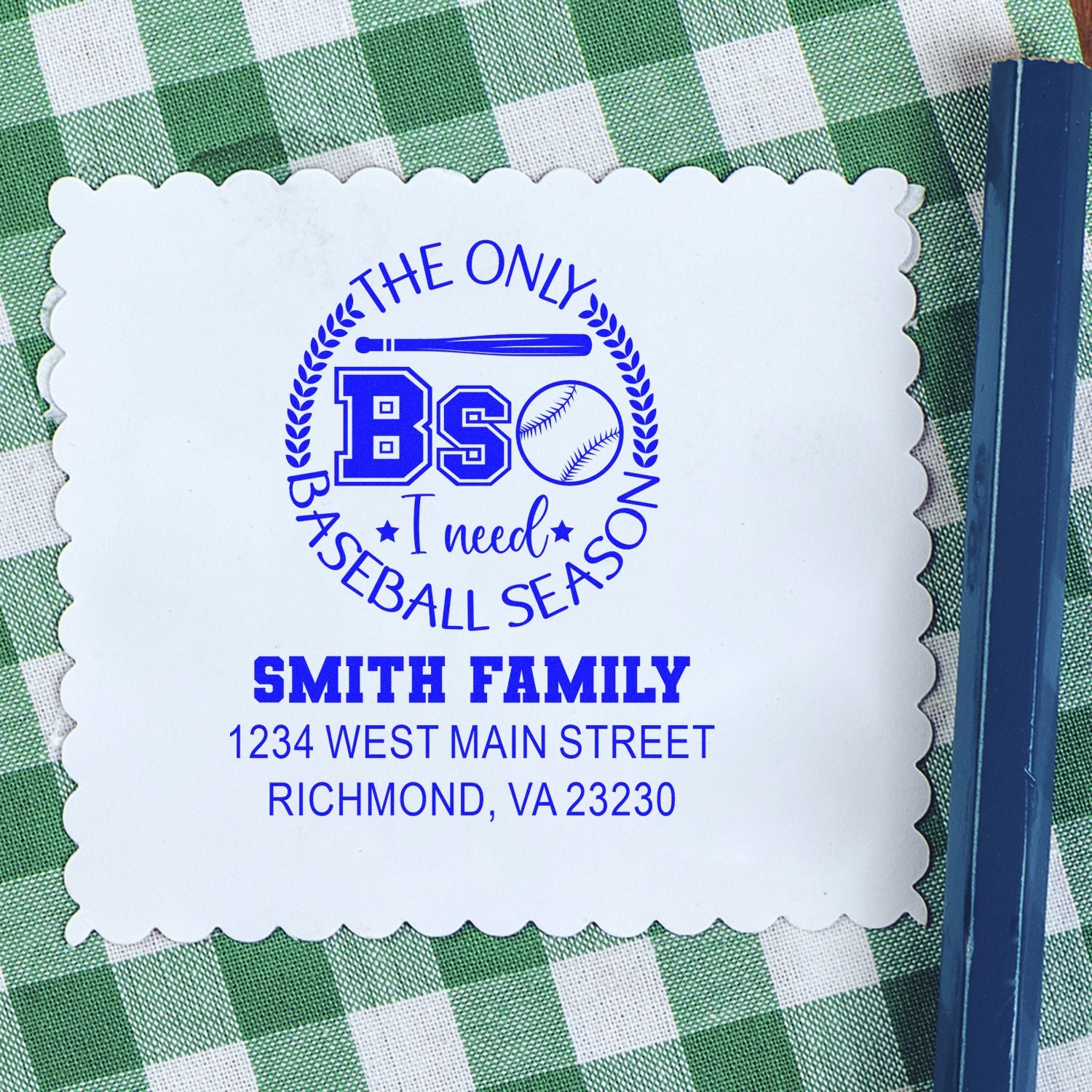 Custom baseball season rubber stamp with Smith family return address for personalized mail and stationery.