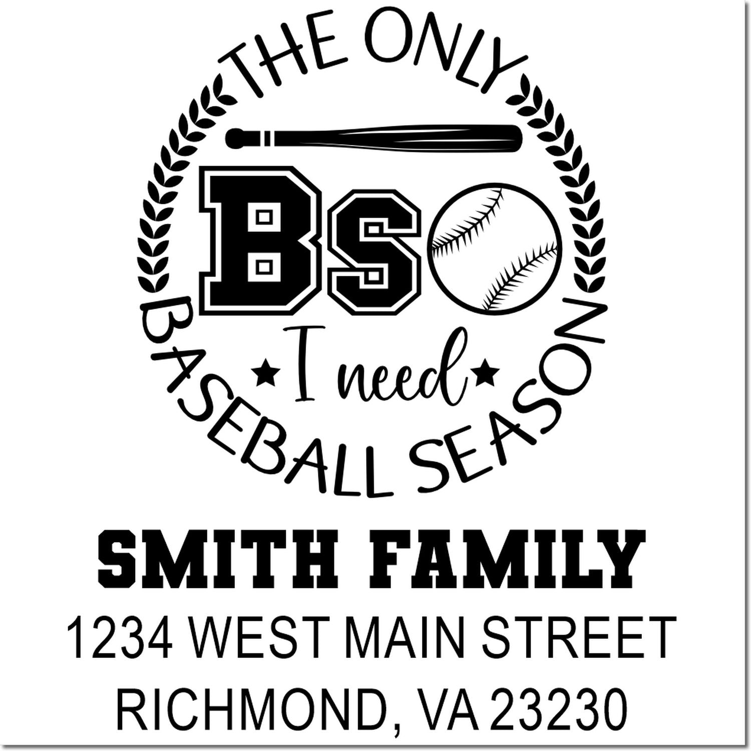 Personalized baseball return address rubber stamp with bat and ball design for Smith Family, Richmond, VA.