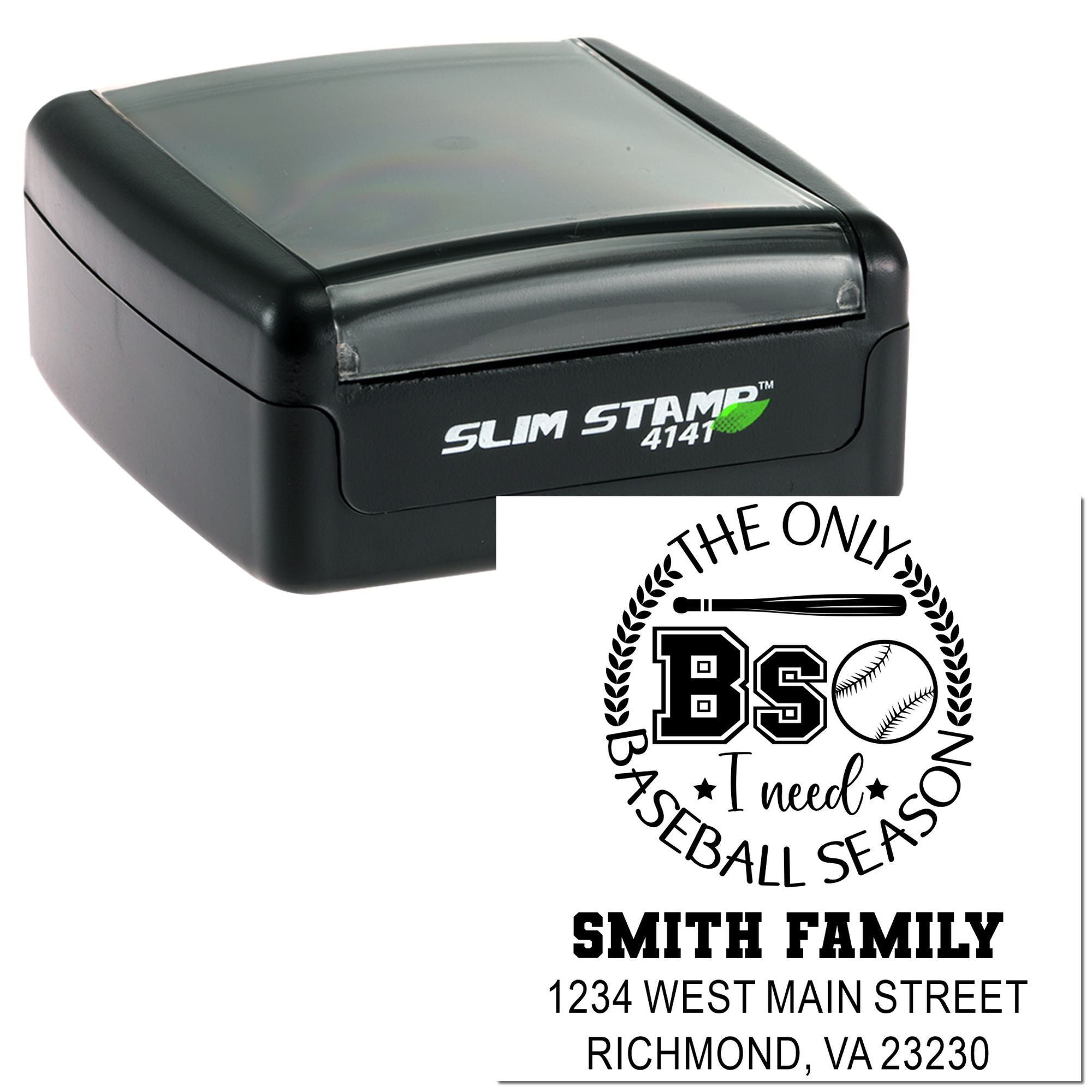 Custom self-inking rubber stamp with baseball season design, family name, and address for personalized mailings.