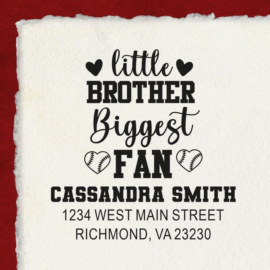 Custom little brother biggest fan baseball rubber stamp with name and Richmond, VA return address for personalized mailings.