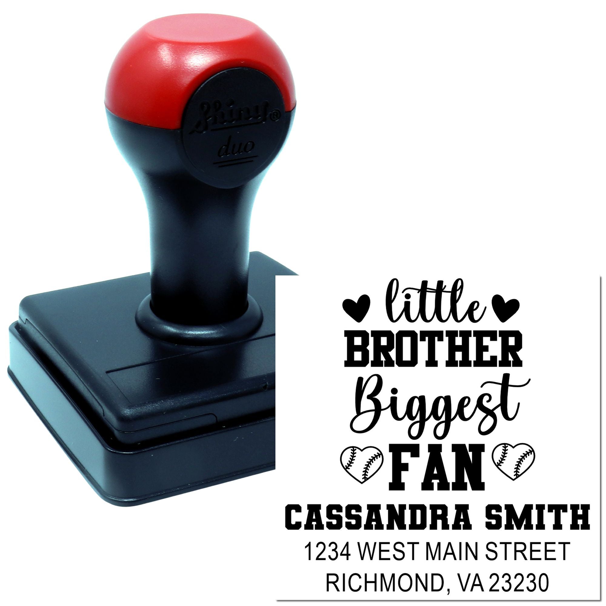 Custom self-inking rubber stamp featuring Little Brother Biggest Fan design with personalized name and address for baseball fans.