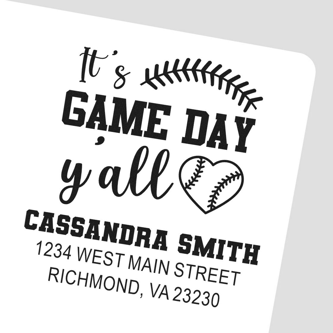 Personalized baseball address rubber stamp with Its Game Day, yall, custom name, and return address for sports fans.