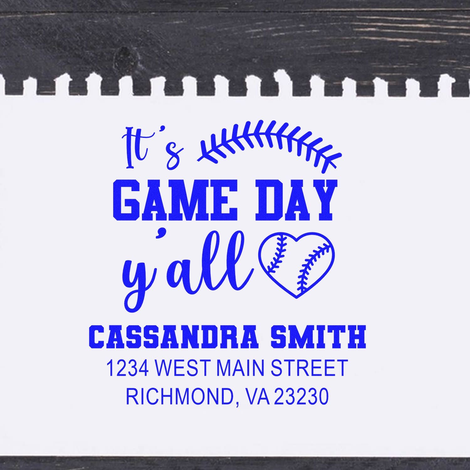 Custom baseball game day return address rubber stamp with Its game day yall, name, and address for sports fans.