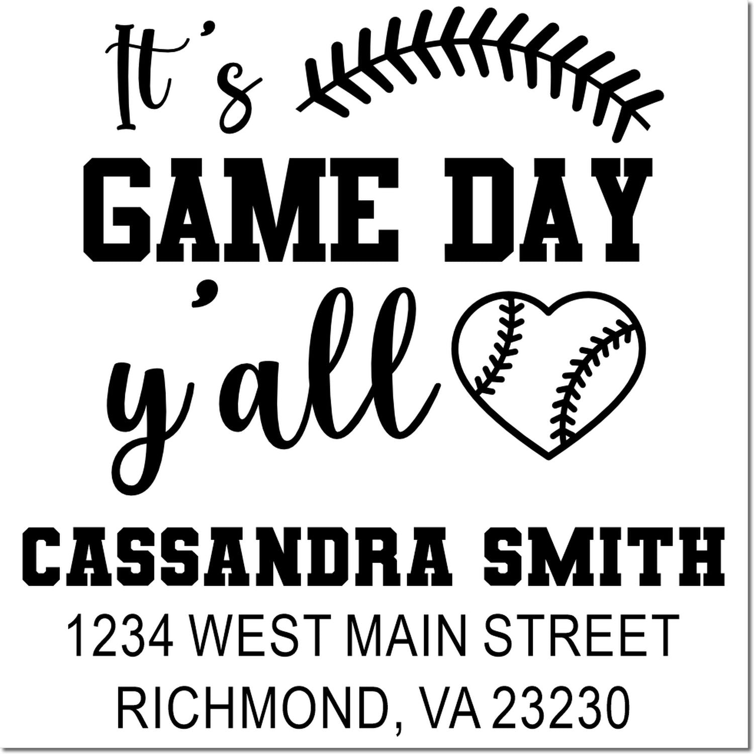 Custom baseball Game Day return address stamp with family name and address for sports mail, invitations, and team gifts.
