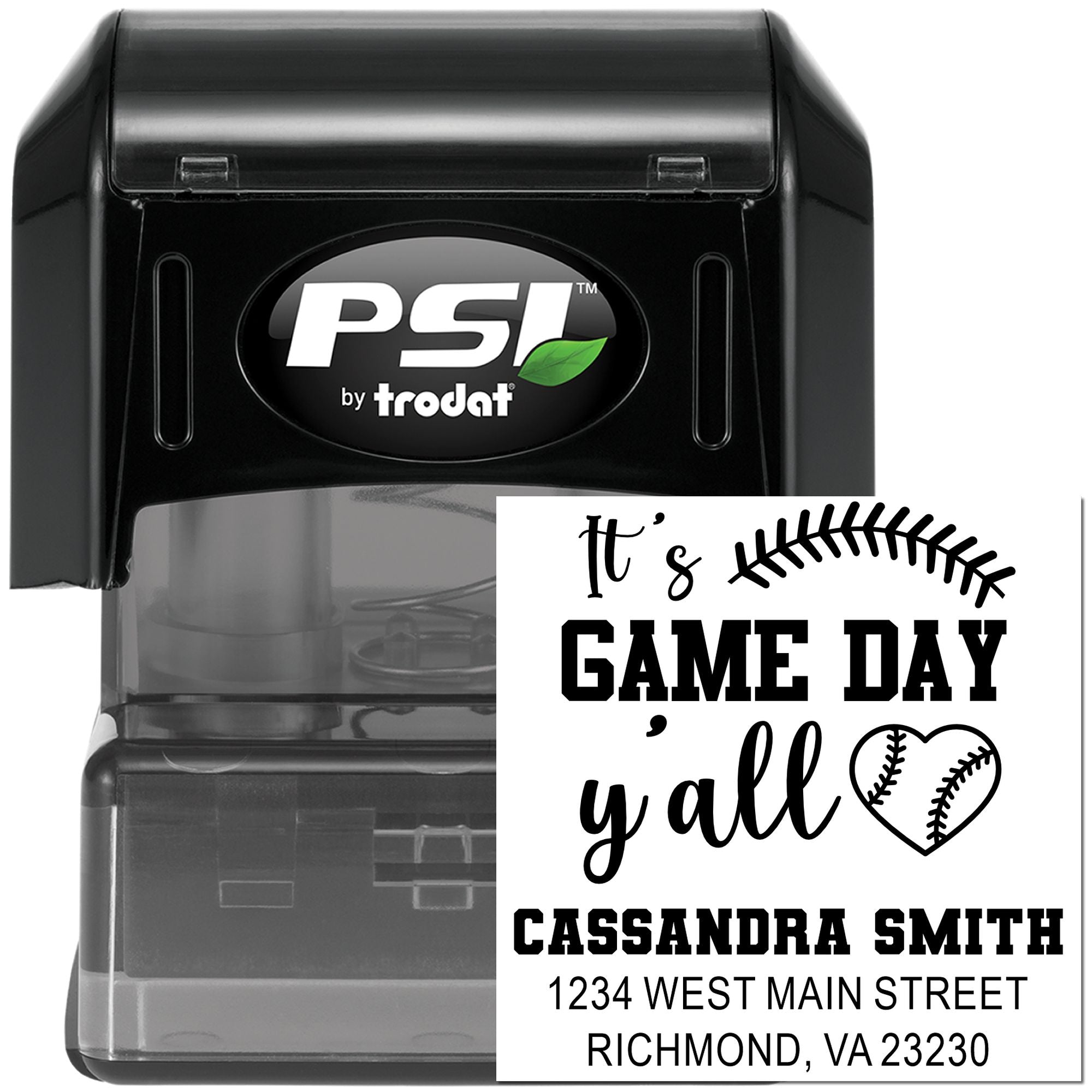 PSI by Trodat self-inking rubber stamp showing a custom baseball family address design with Its Game Day yall.