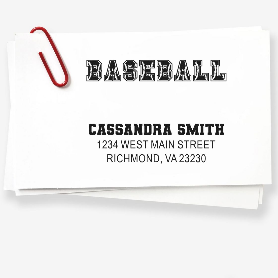 Baseball custom address rubber stamp for Cassandra Smith, Richmond, VA 23230.