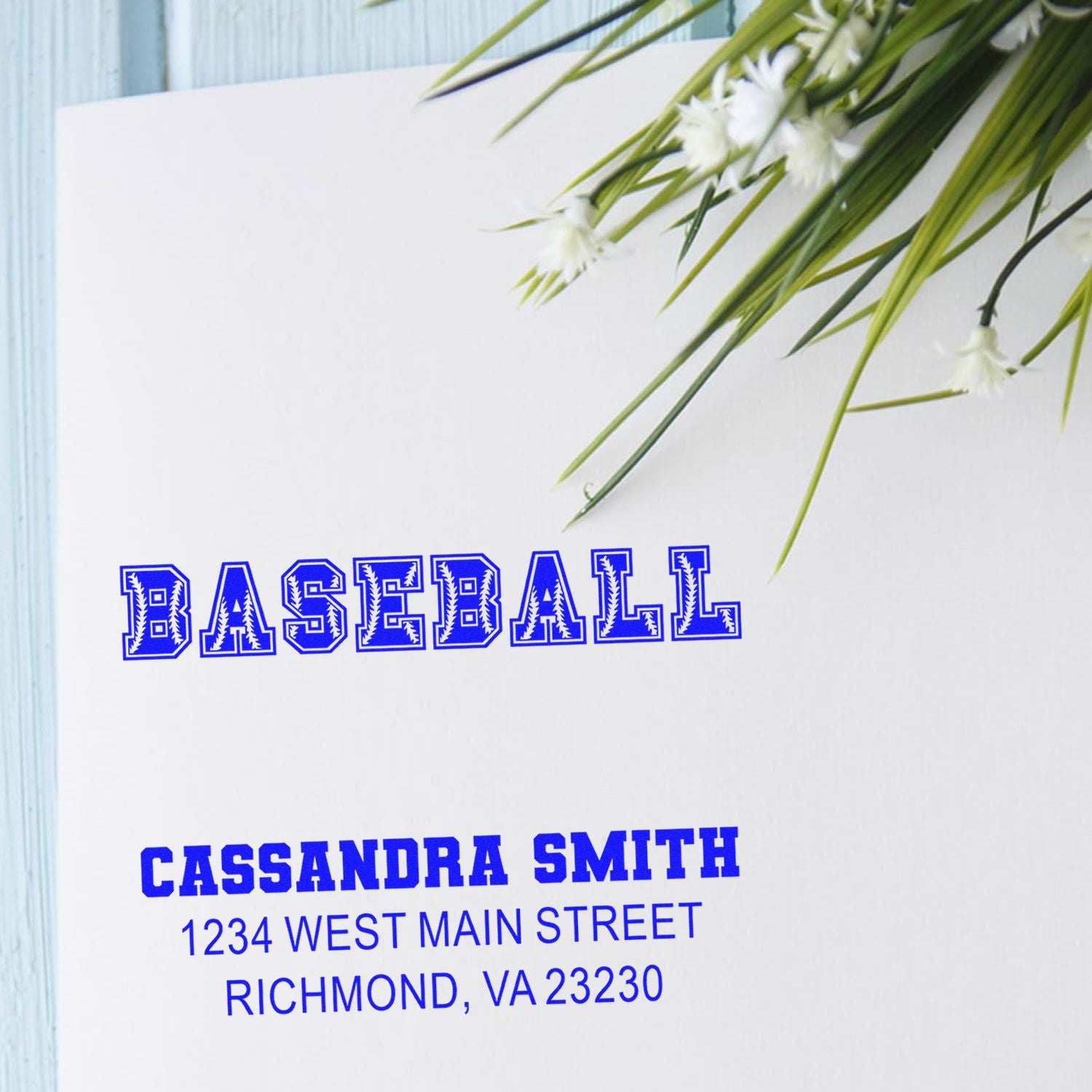 Custom baseball return address rubber stamp with personalized name and mailing address for stationery and mailings