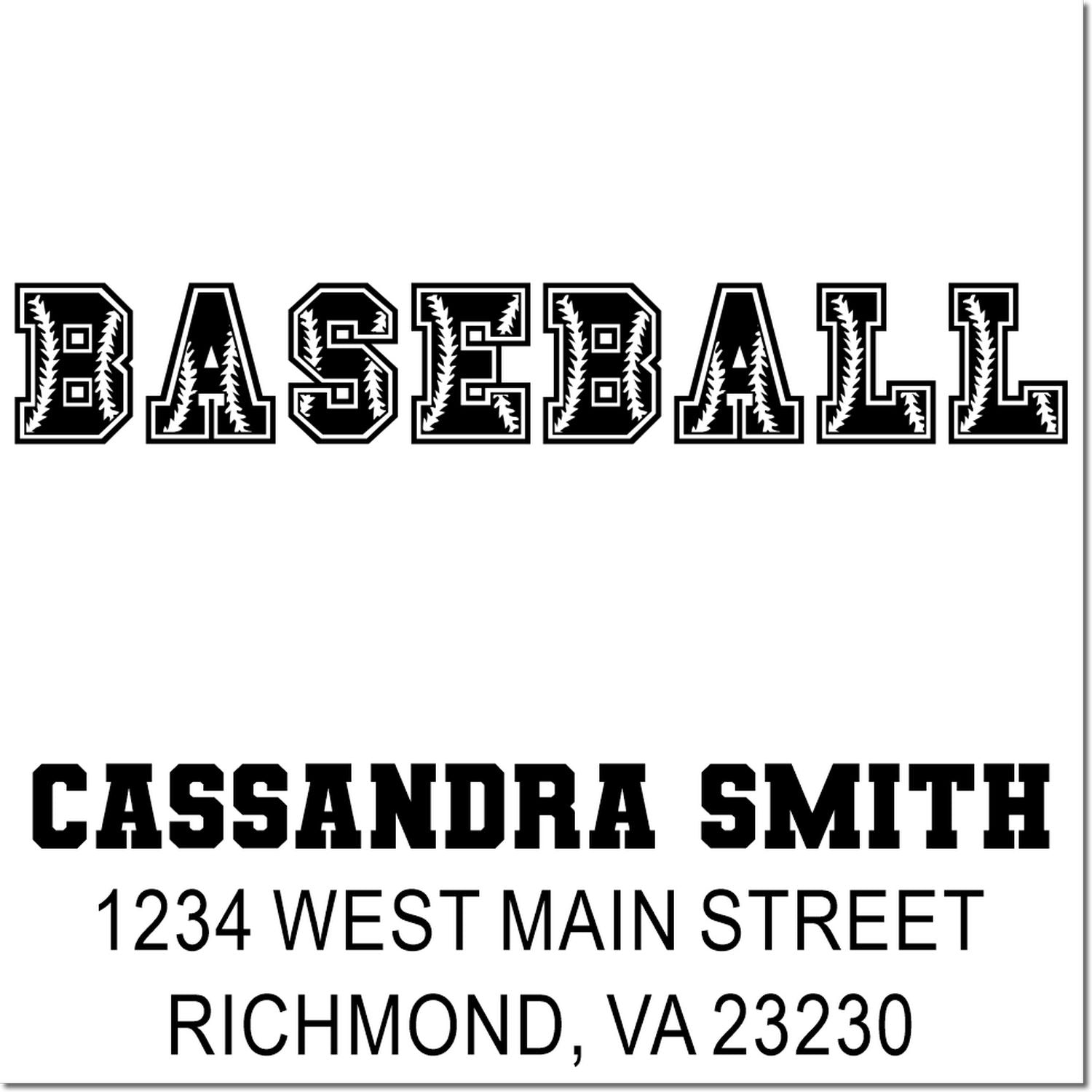 Custom baseball return address rubber stamp with sports-themed lettering for Cassandra Smith, Richmond, VA.