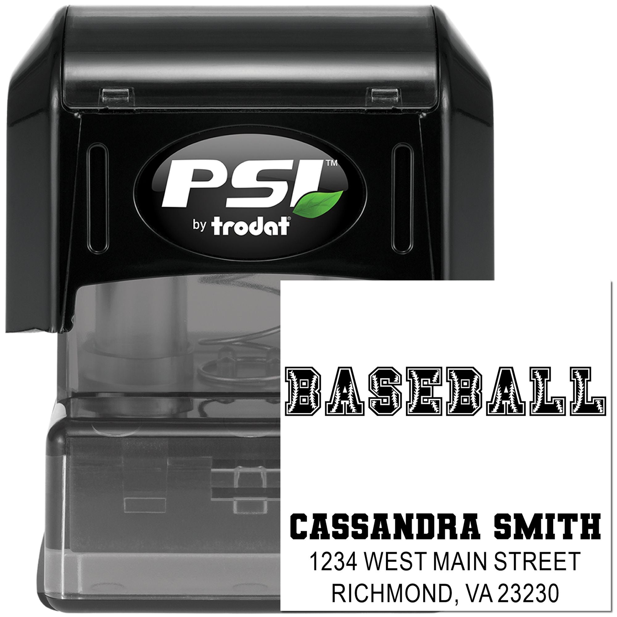 PSI by Trodat self-inking rubber stamp with custom baseball-style return address imprint for Cassandra Smith, Richmond, VA.