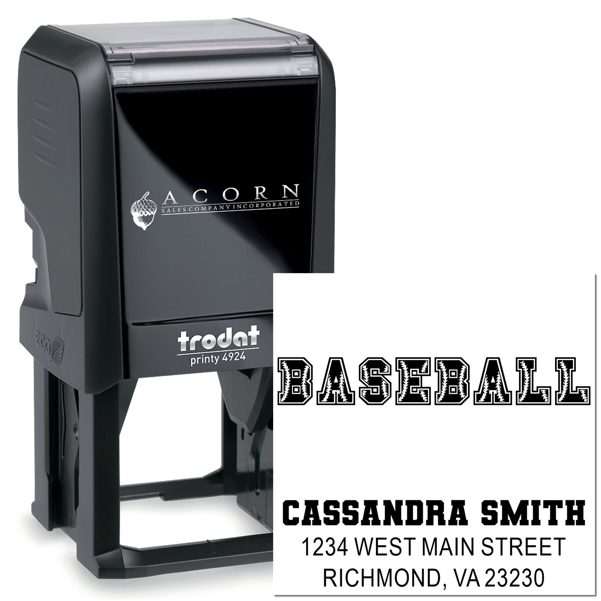 Custom baseball self-inking rubber stamp, Trodat Printy 4924, with return address design for personalized mailing and branding