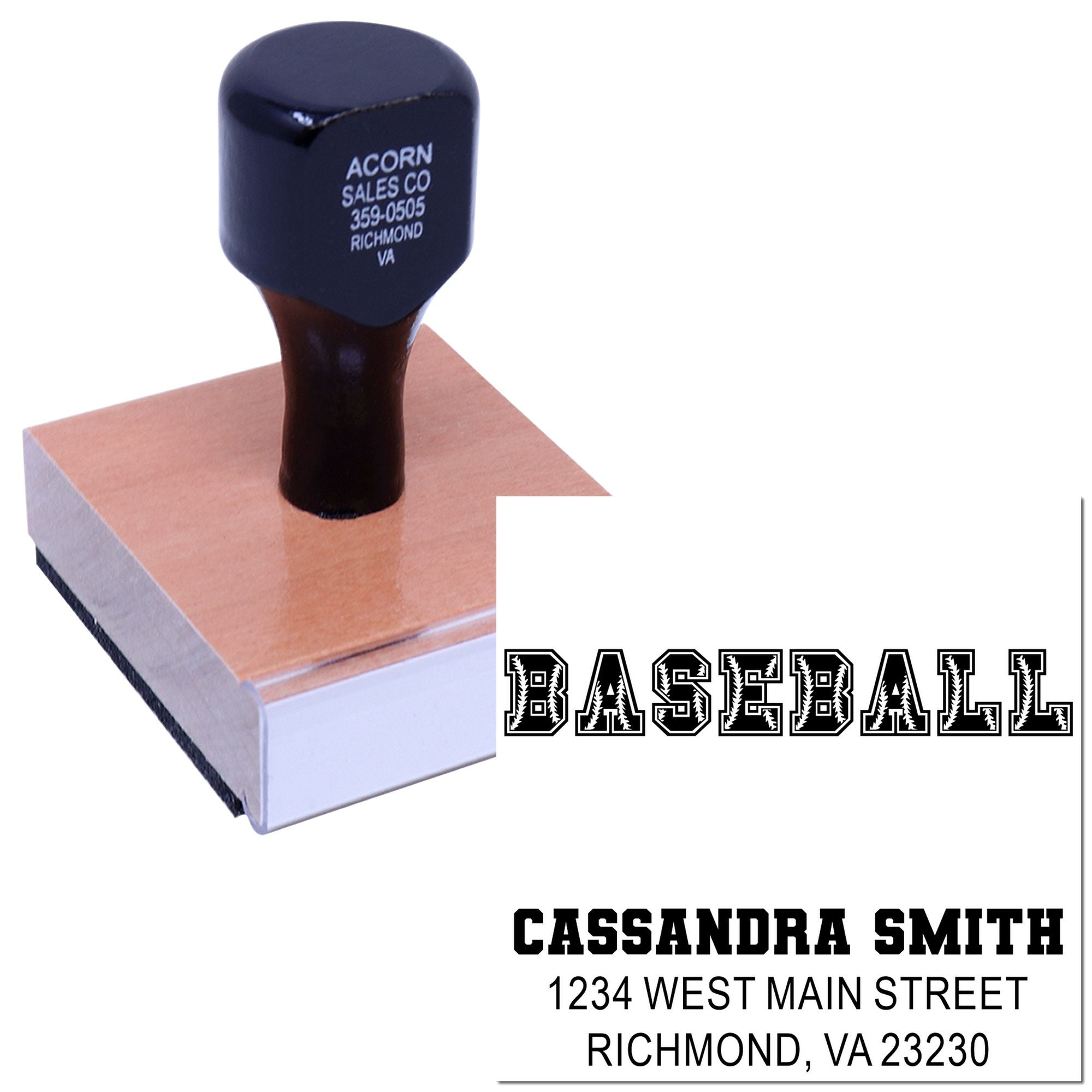 Custom baseball rubber stamp with sample name and address imprint on a mounted wood block.