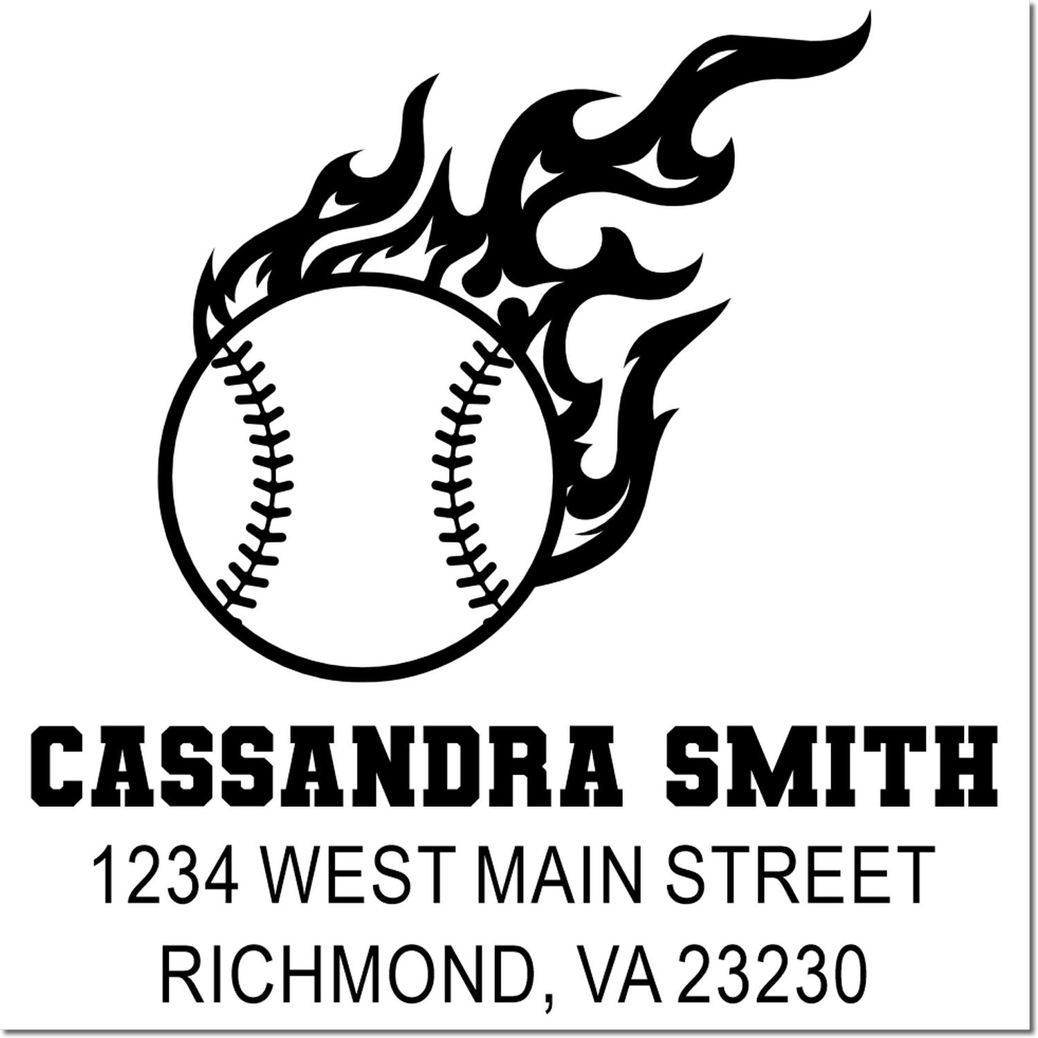 Custom baseball flame address stamp for Cassandra Smith, 1234 West Main Street, Richmond, VA 23230