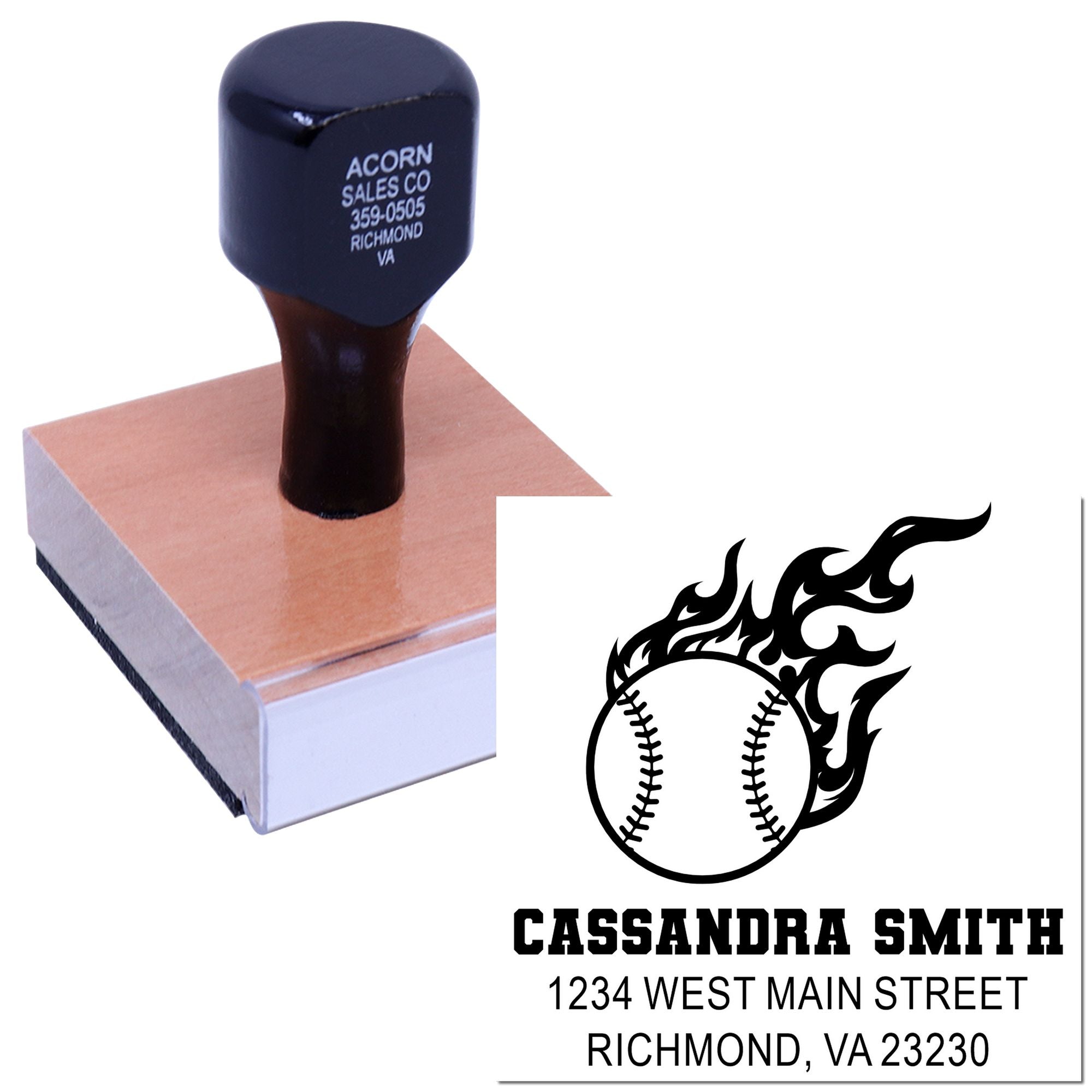 Custom rubber return address stamp with flaming baseball logo and Richmond, VA address for sports-themed mailings.