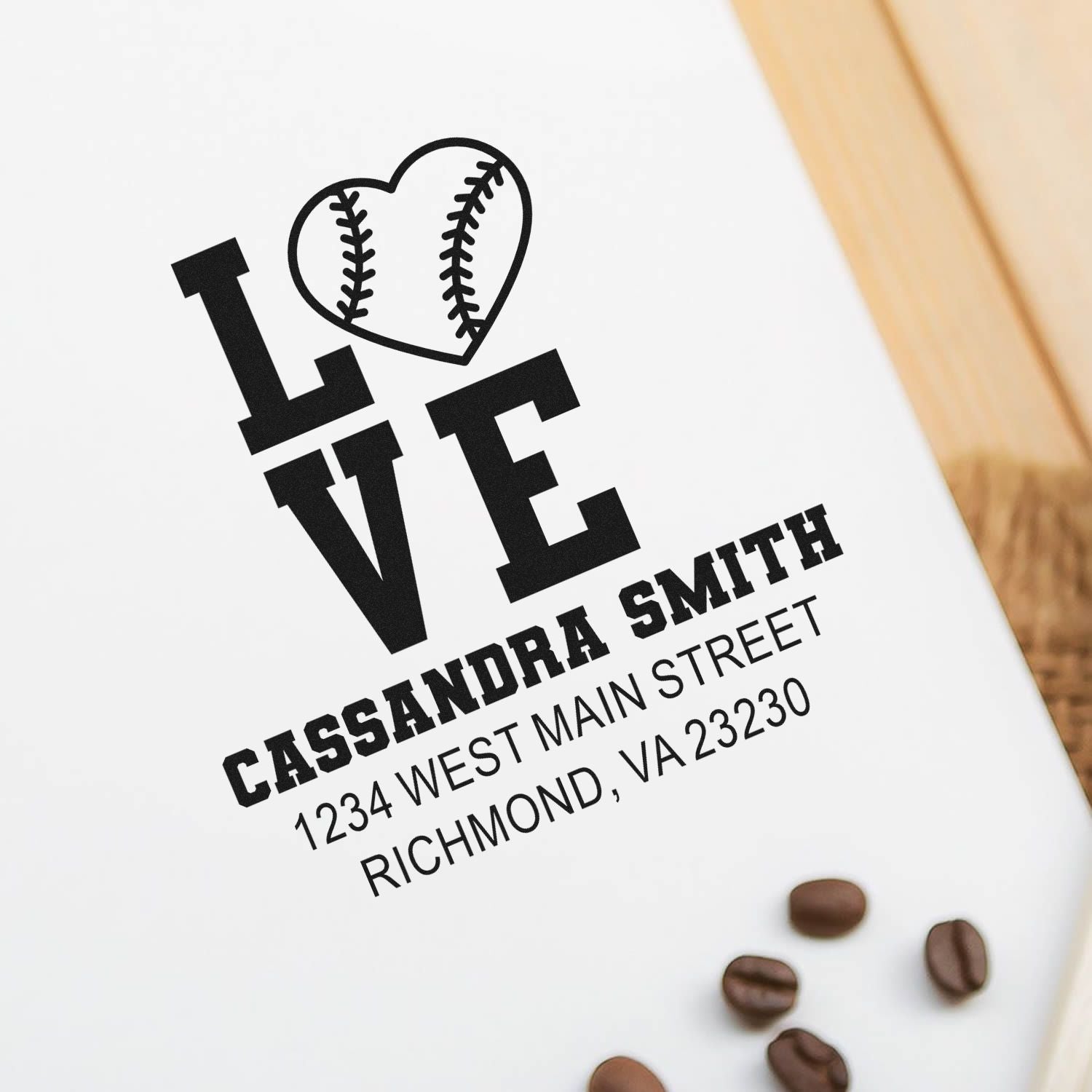 Personalized baseball love rubber stamp with name and address for custom stationery, invitations, and packaging.
