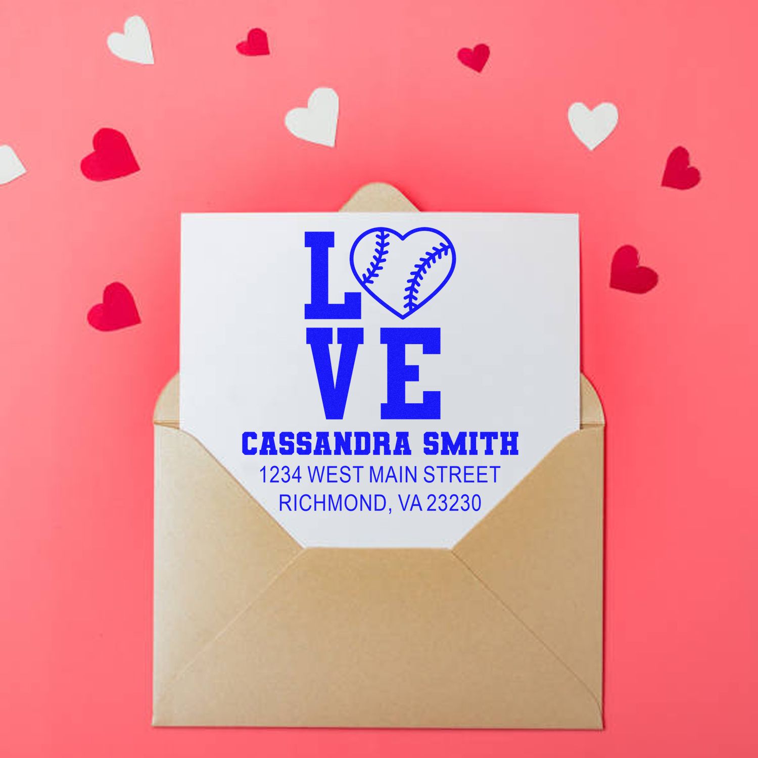 Custom baseball love return address rubber stamp on envelope with heart design and pink Valentine background.