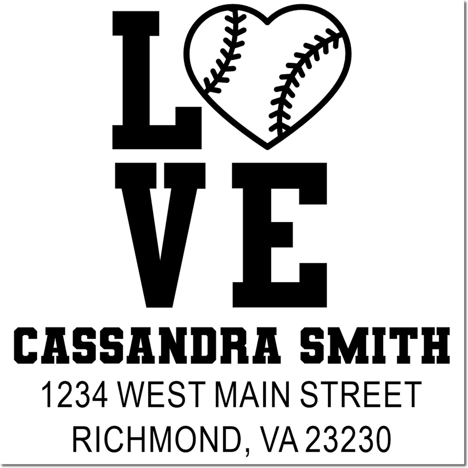 Custom baseball love rubber stamp with heart baseball design, Cassandra Smith name, and return address for personalized mailing.