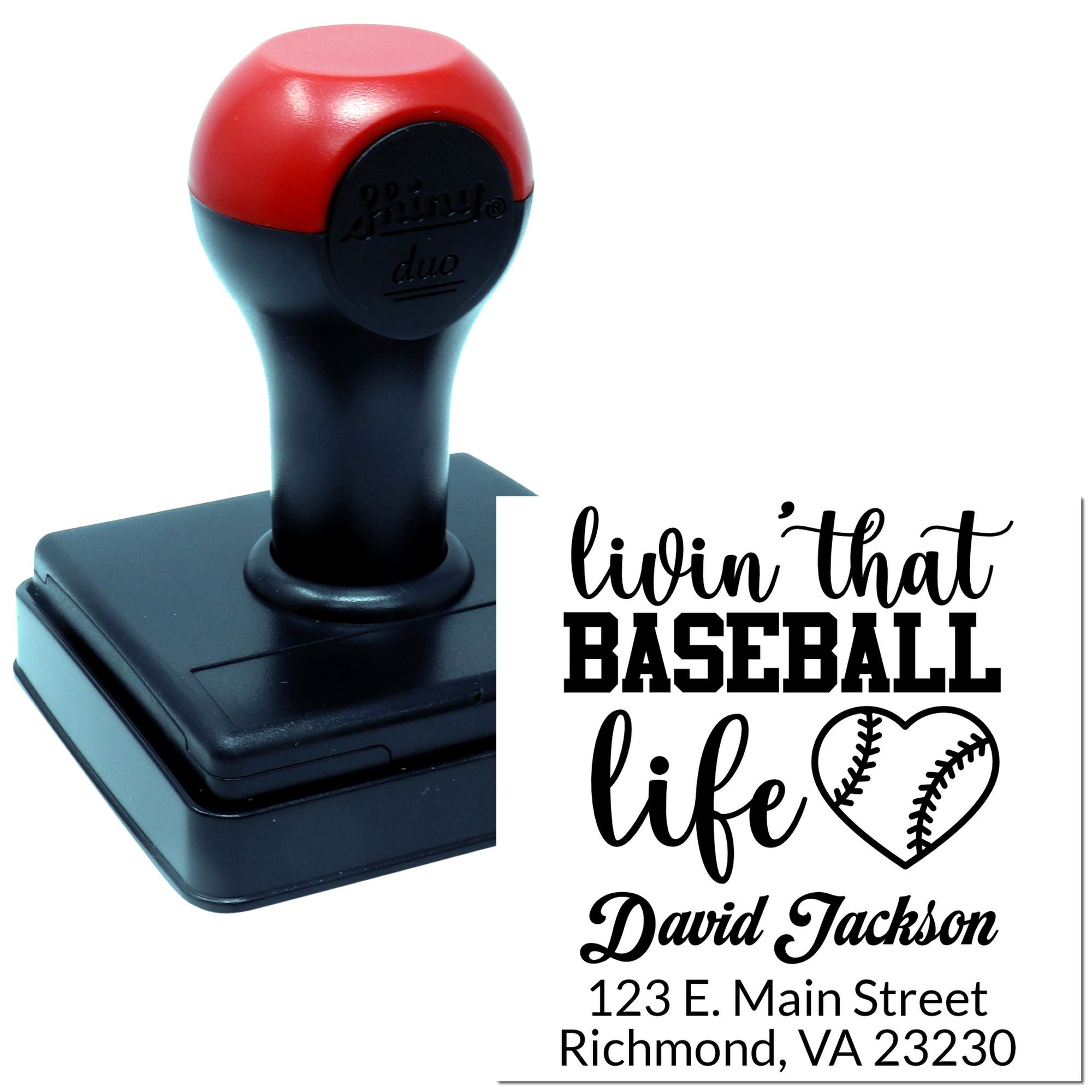 Custom baseball address rubber stamp with Livin That Baseball Life, name, and mailing address for personalized use.