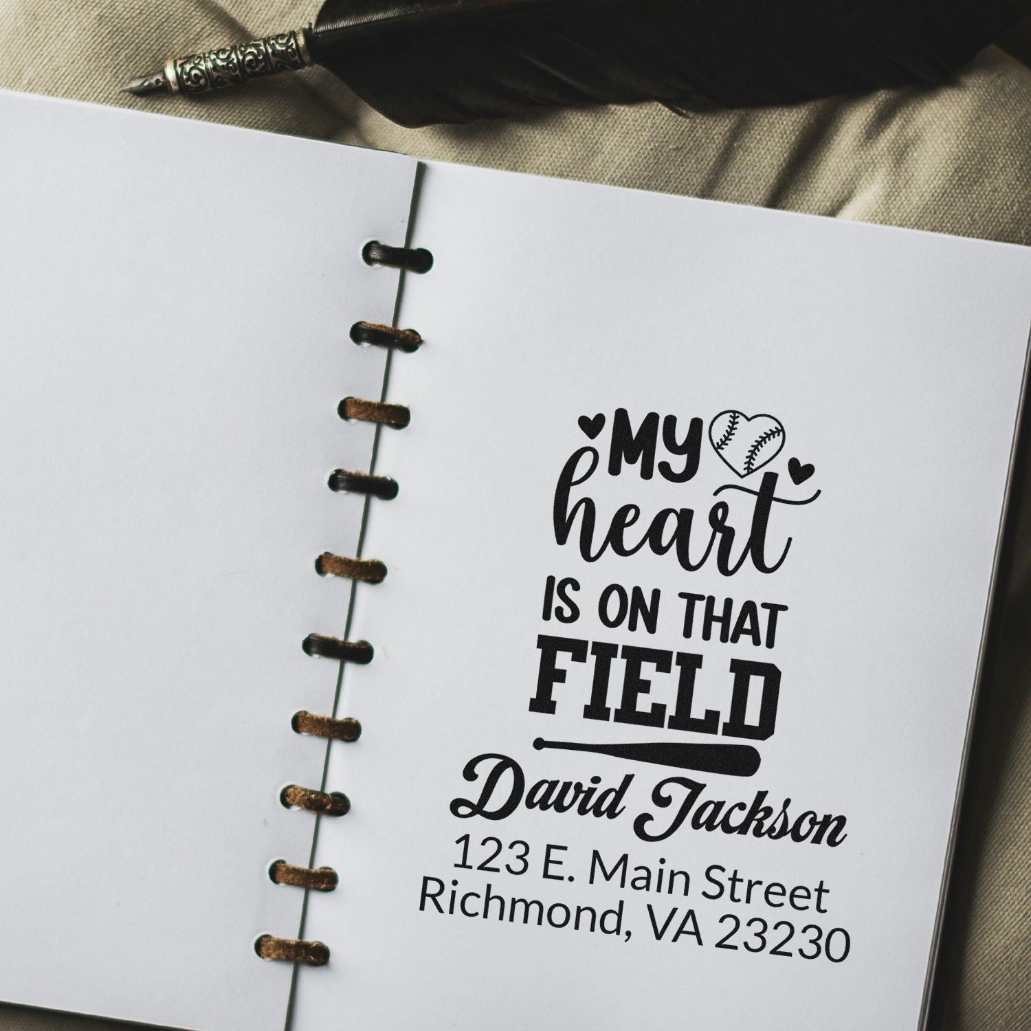 Custom baseball rubber stamp with personalized name and address, featuring My heart is on that field for sports gifts.