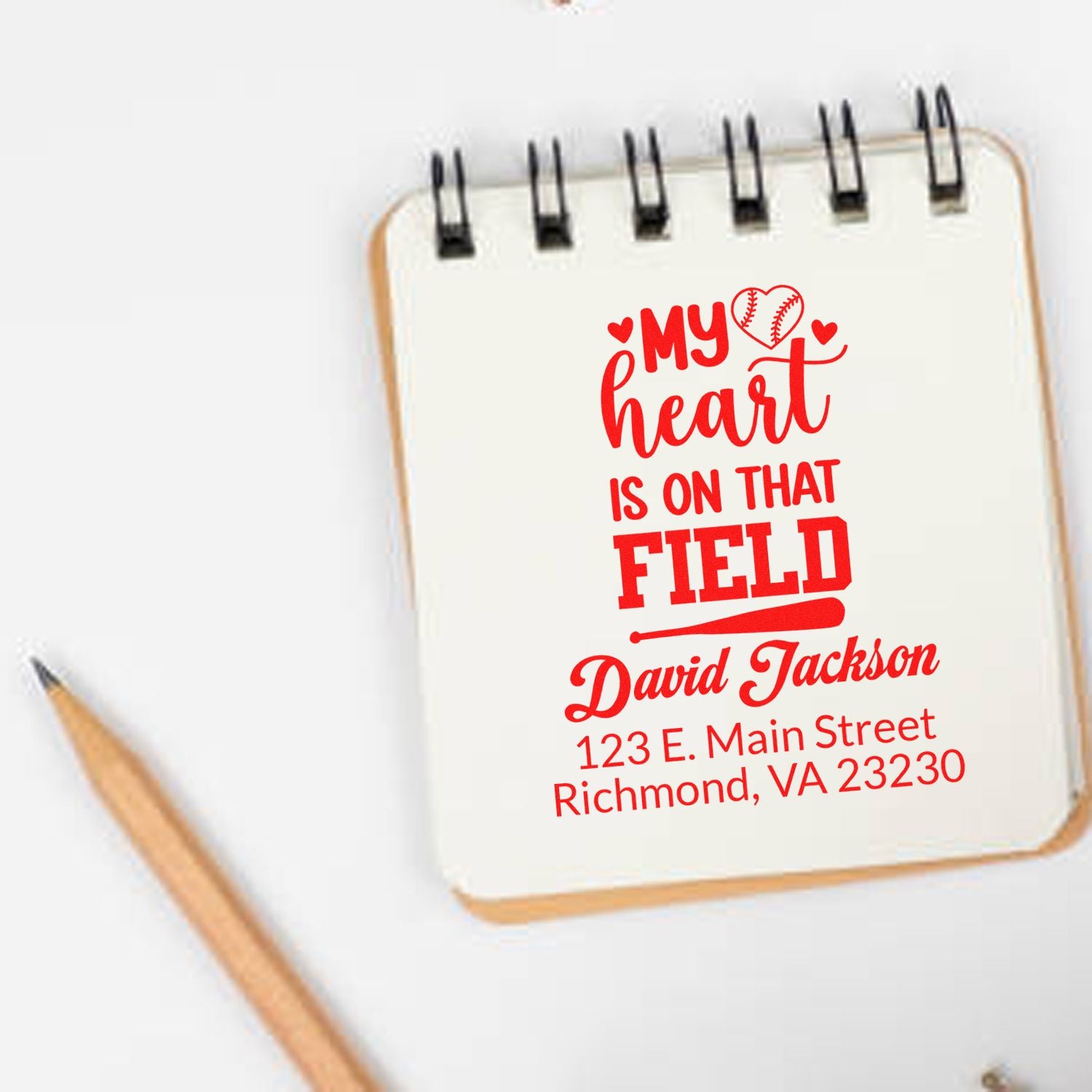 Custom baseball rubber stamp with My heart is on that field and personalized name and address for fans.