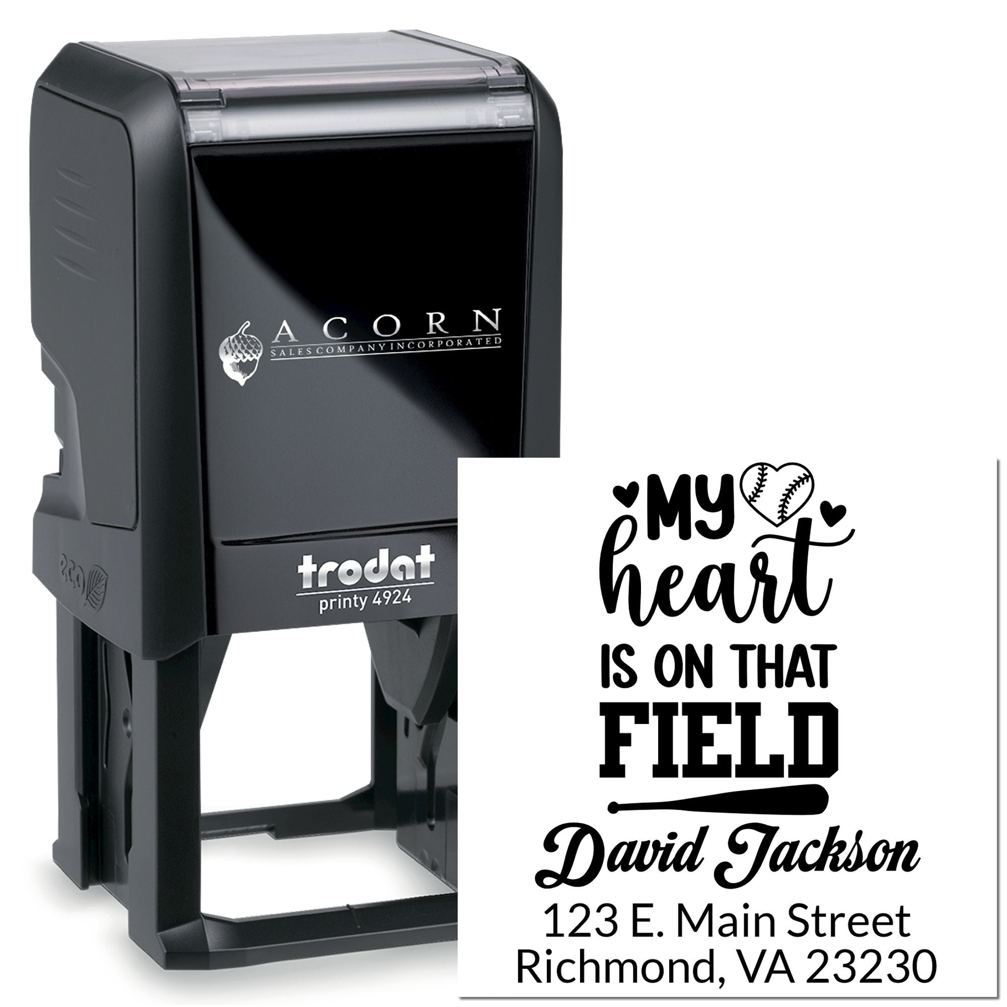 Custom self-inking rubber stamp with My Heart Is on That Field baseball design and personalized address, ideal for team or fan gifts.