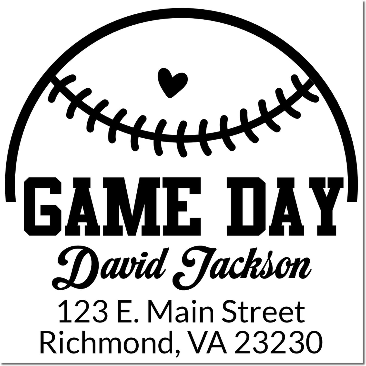 Personalized game day baseball rubber stamp with name and address, ideal for team gifts, fan mail, or sports events.