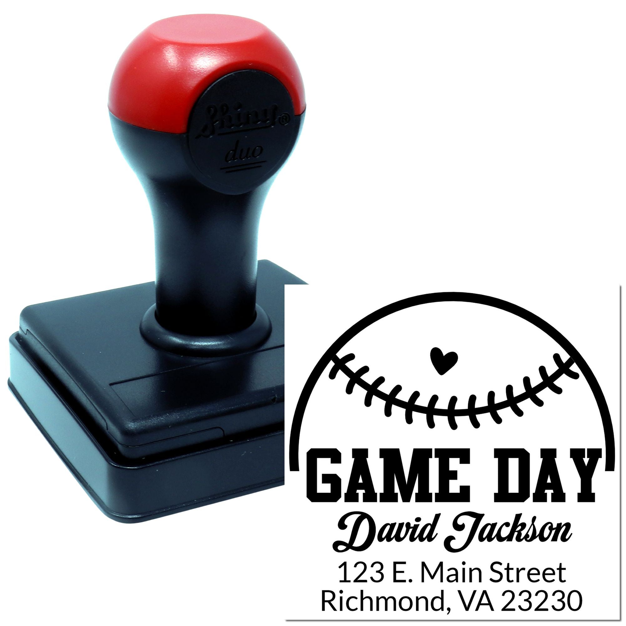 Custom baseball Game Day rubber stamp with name and address, ideal for personalized sports invitations and mailings.