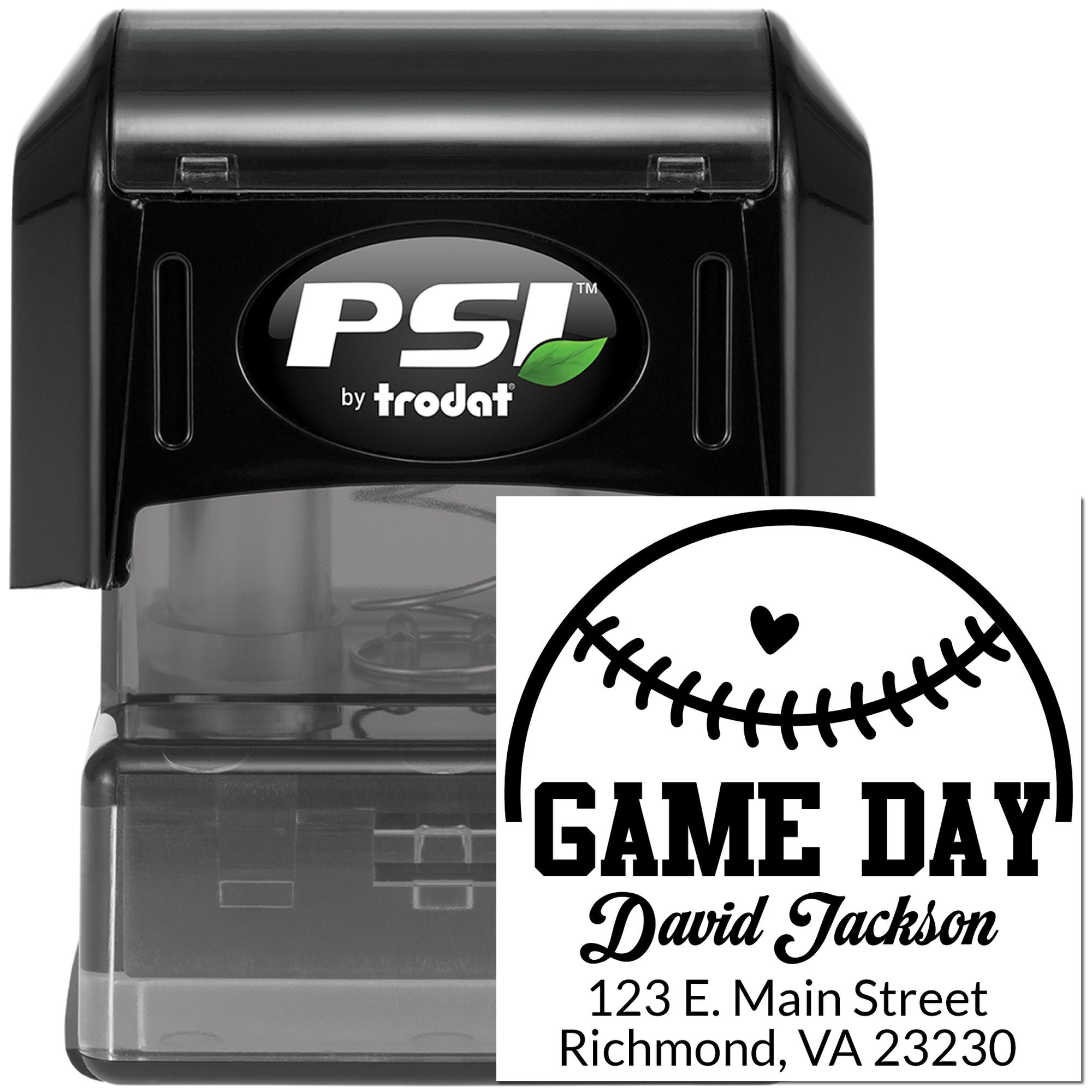 Custom PSI by Trodat self-inking rubber stamp with baseball Game Day return address design.