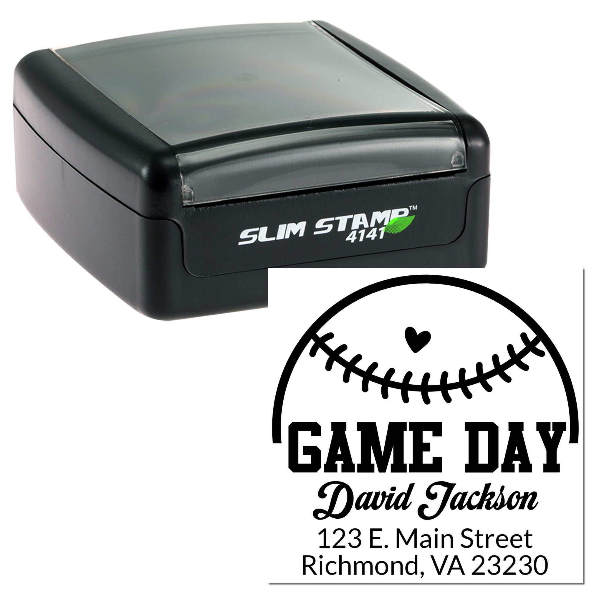 Self-inking personalized baseball game day address rubber stamp with name and mailing address.