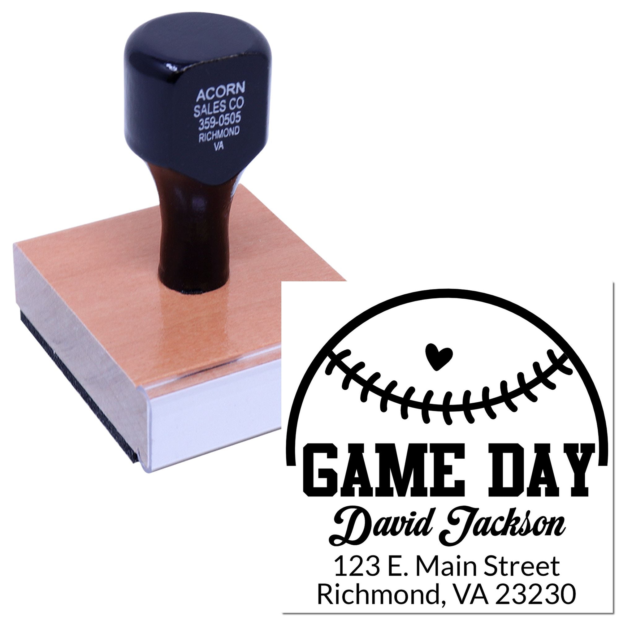 Personalized baseball rubber stamp with Game Day design, name, and address for custom sports fan stationery.