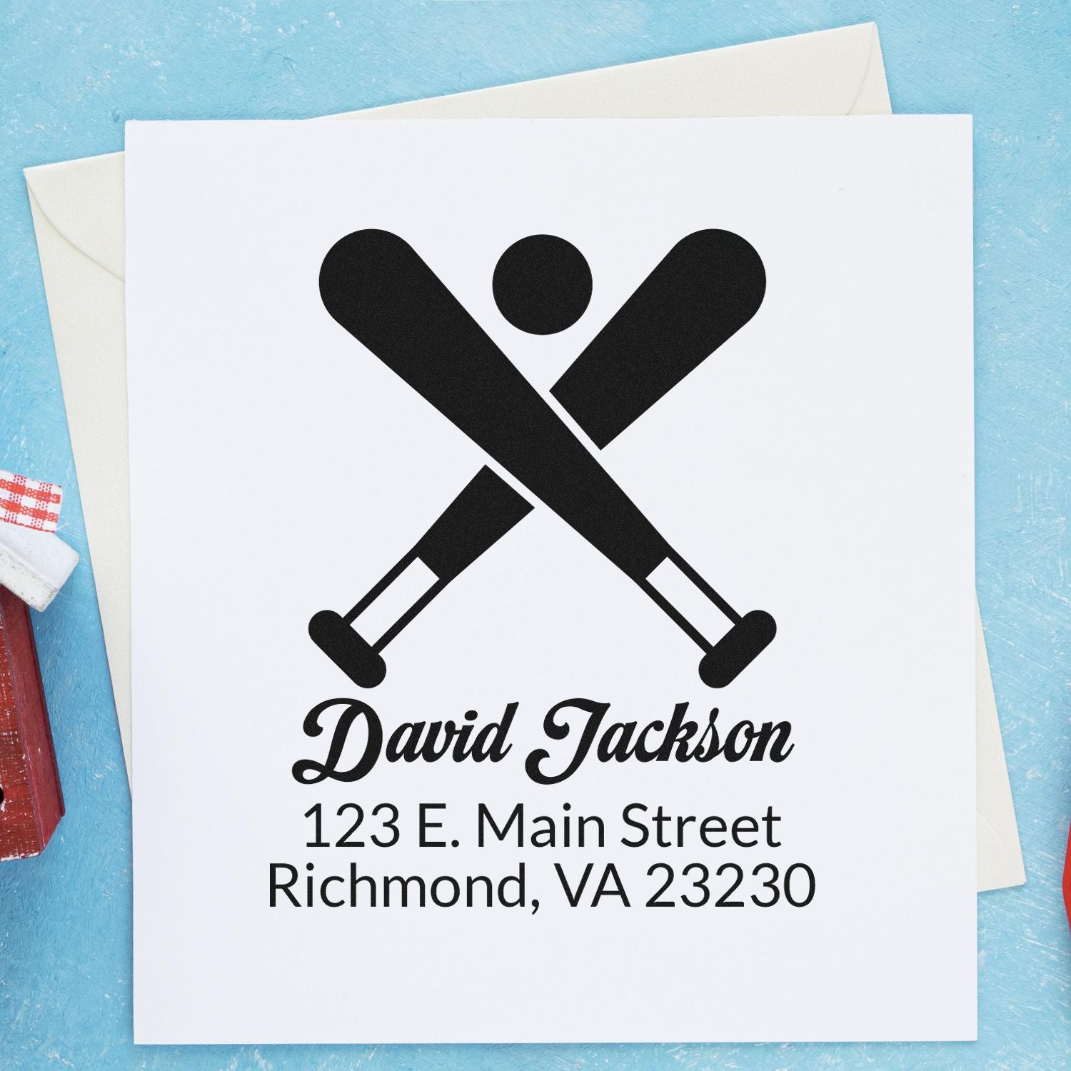 Personalized baseball rubber stamp with crossed bats and return address for custom sports-themed mailing.