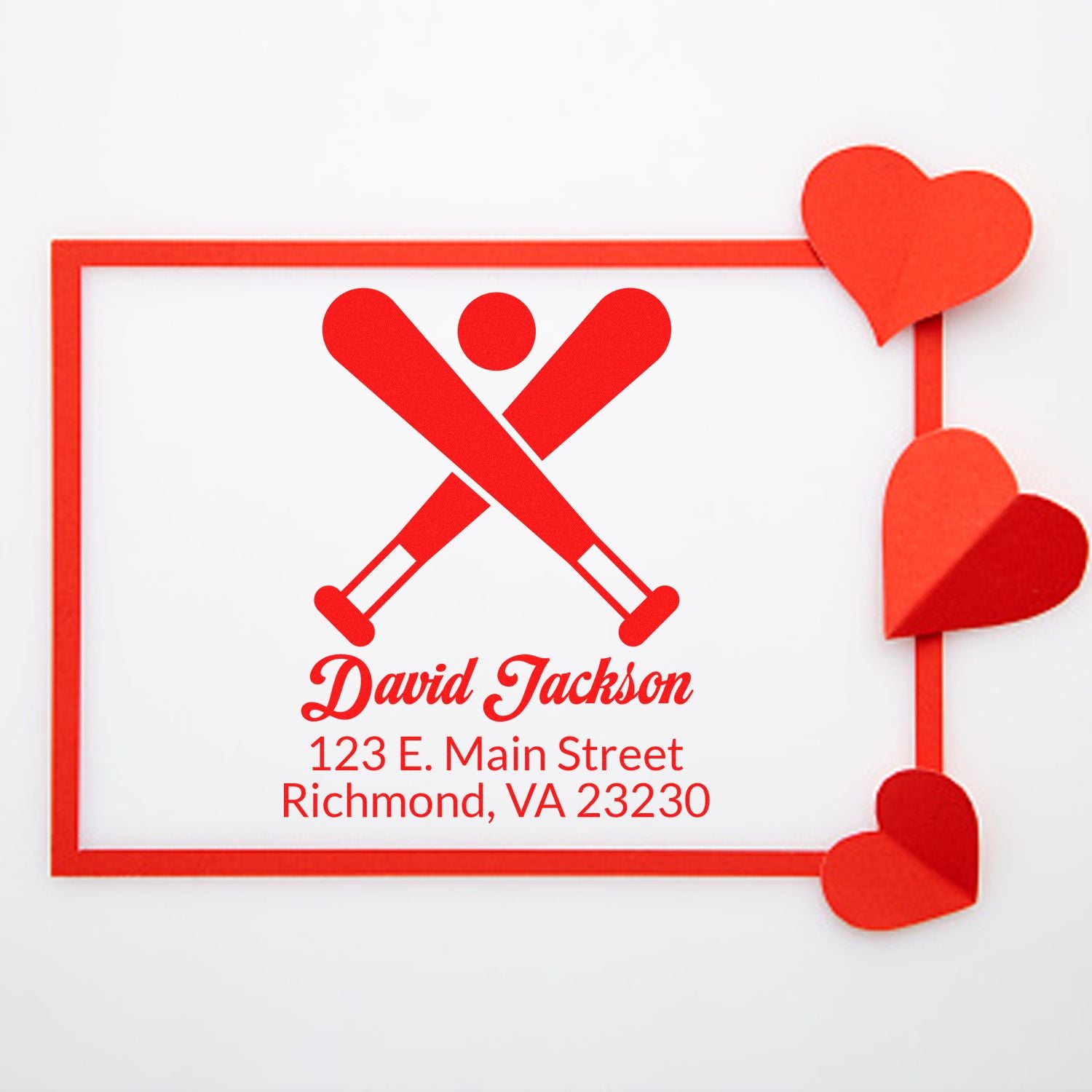 Personalized red crossed-bats rubber stamp with name and address, ideal for custom mailing, branding, and sports-themed envelopes